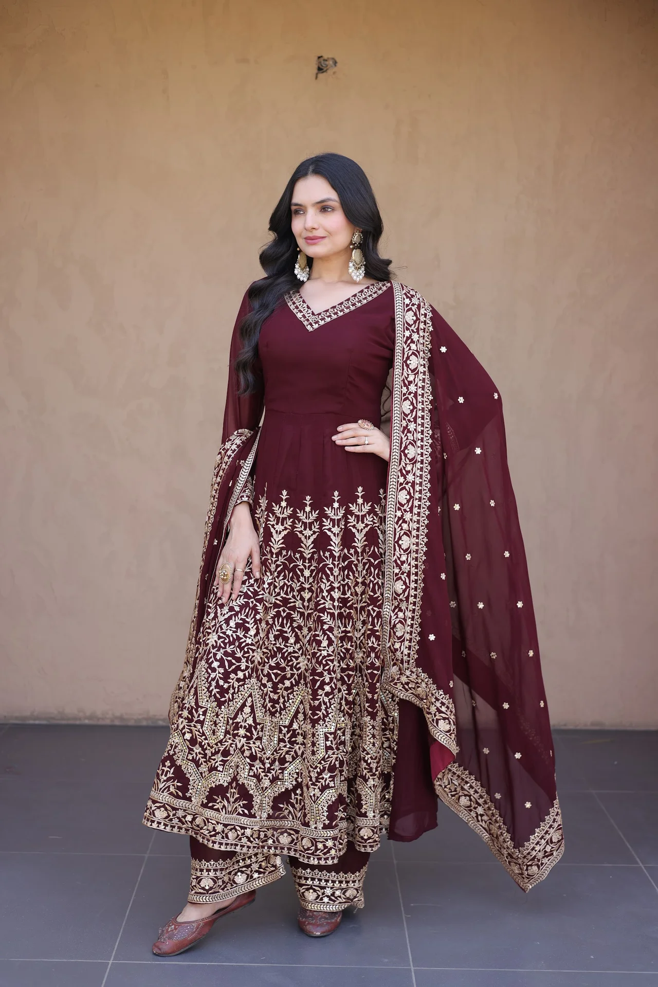Women's Faux Blooming Embroidered Gown Set with Pant & Dupatta in Maroon — photo 5 of 6
