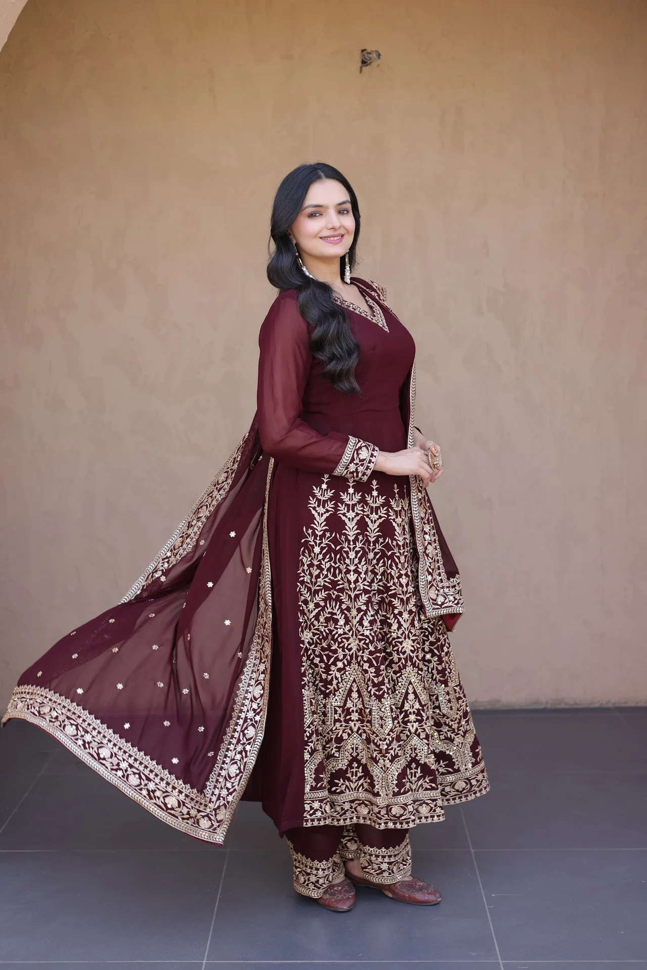 Women's Faux Blooming Embroidered Gown Set with Pant & Dupatta in Maroon — photo 6 of 6