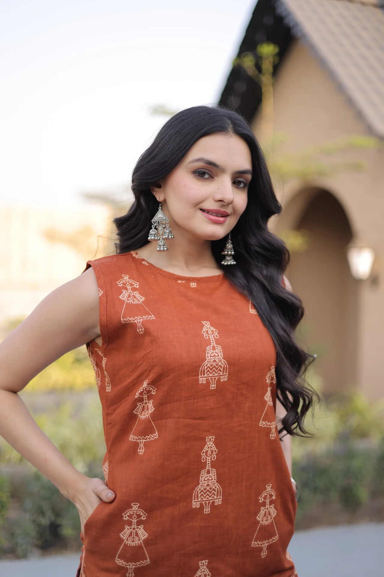 Women's Printed Cotton Kurta Set with Pant in Rust — photo 2 of 5