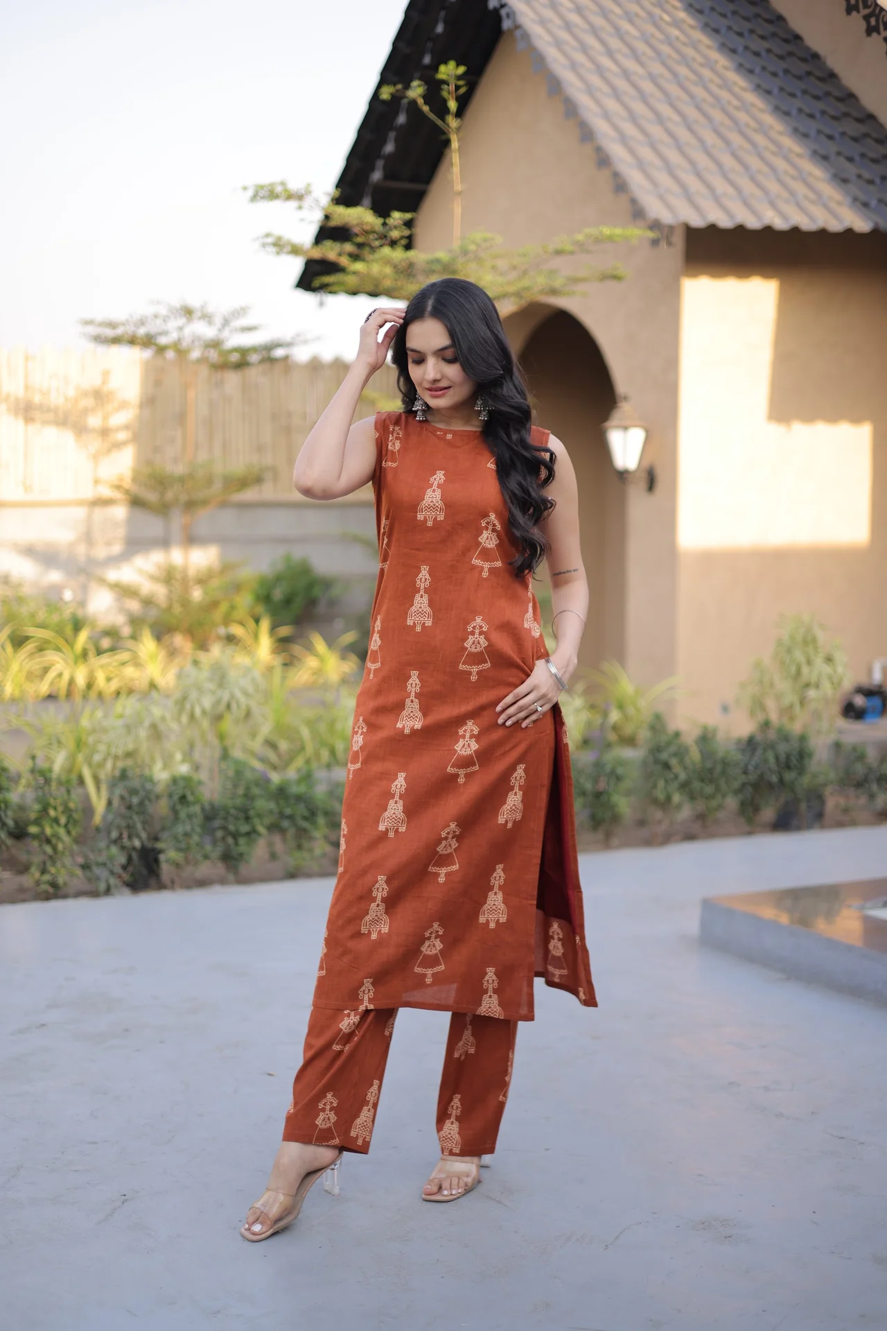Women's Printed Cotton Kurta Set with Pant in Rust — photo 3 of 5