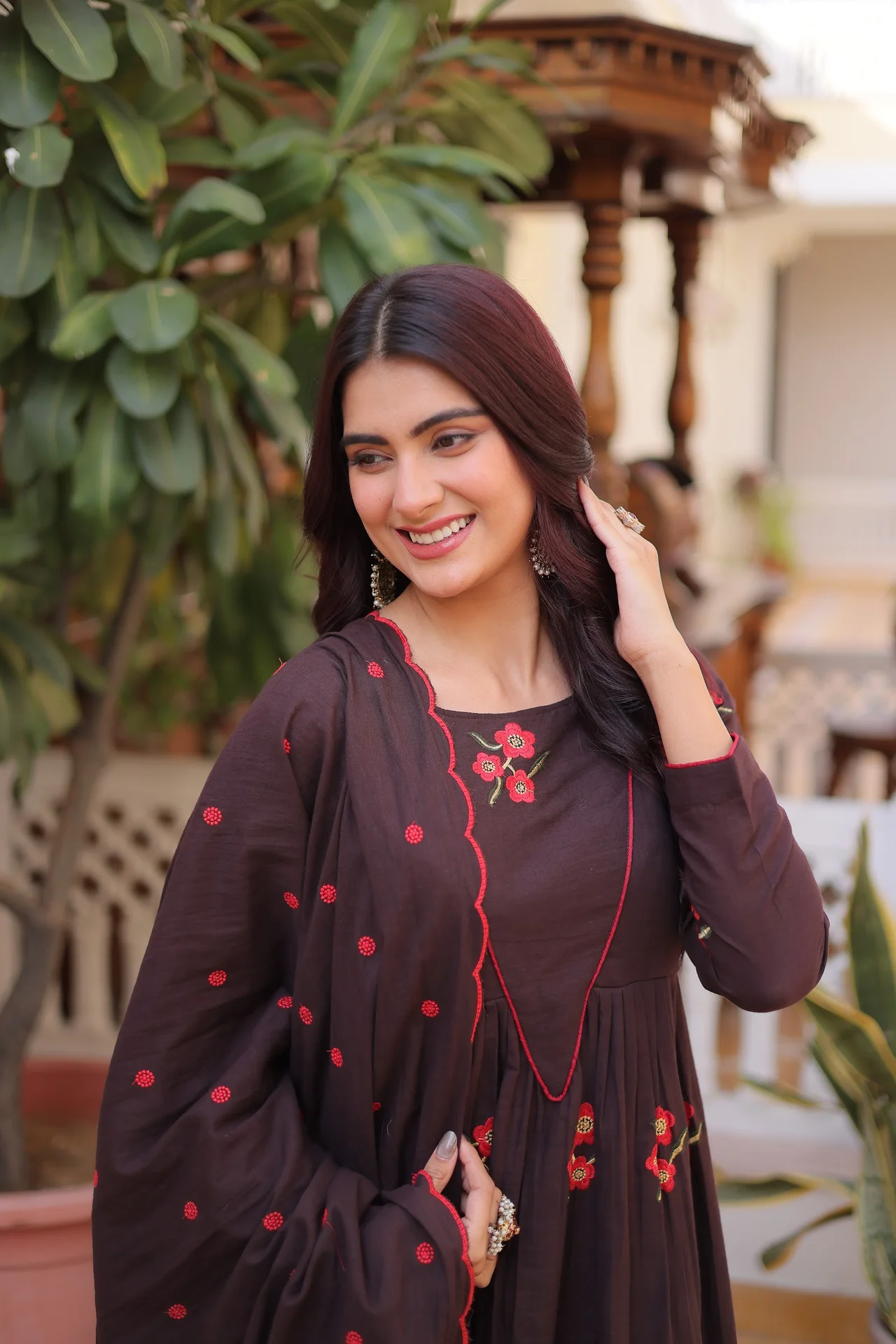 Women's Cotton Embroidered Kurta Set with Pant & Dupatta in Coffee Brown — photo 2 of 7