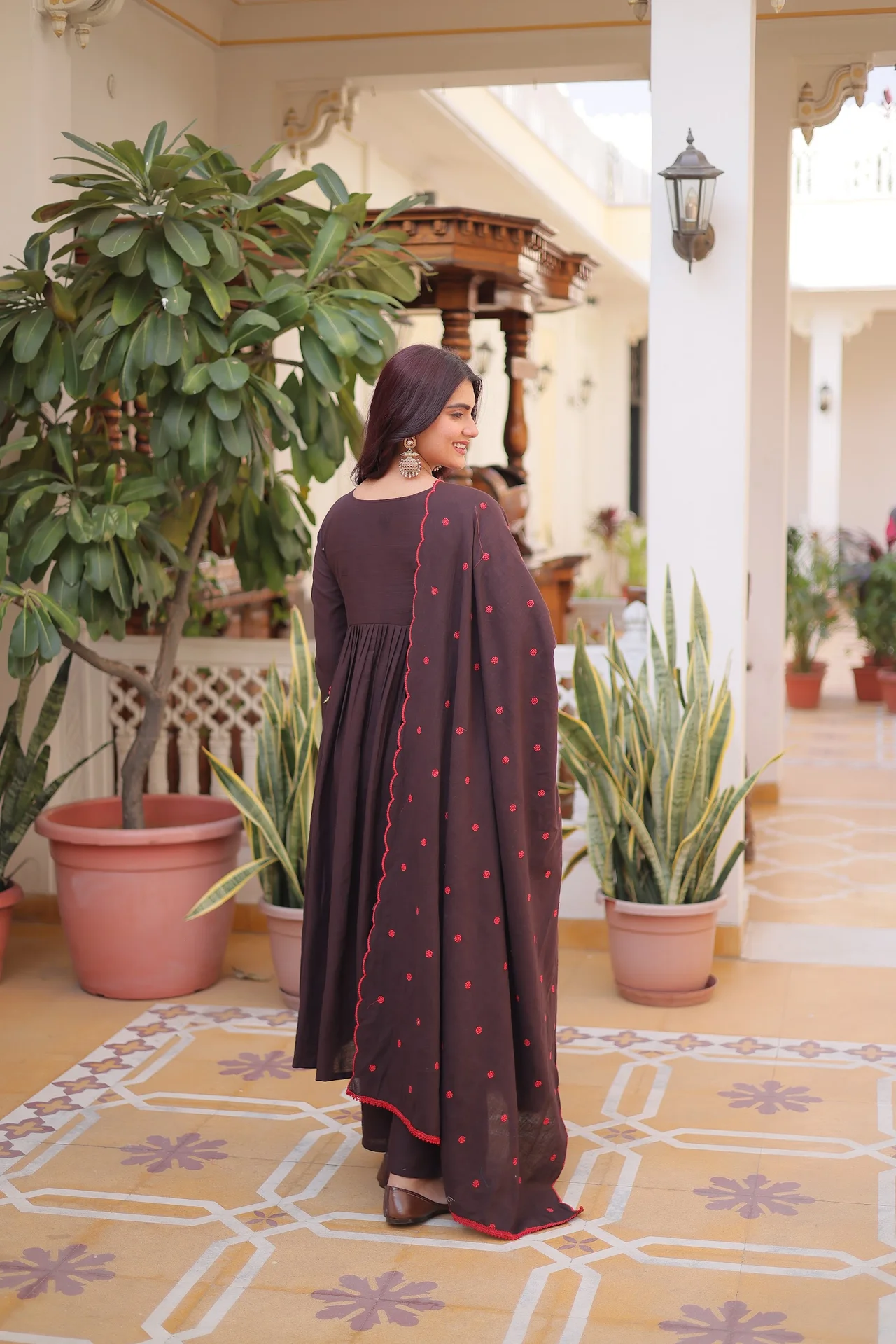 Women's Cotton Embroidered Kurta Set with Pant & Dupatta in Coffee Brown — photo 3 of 7