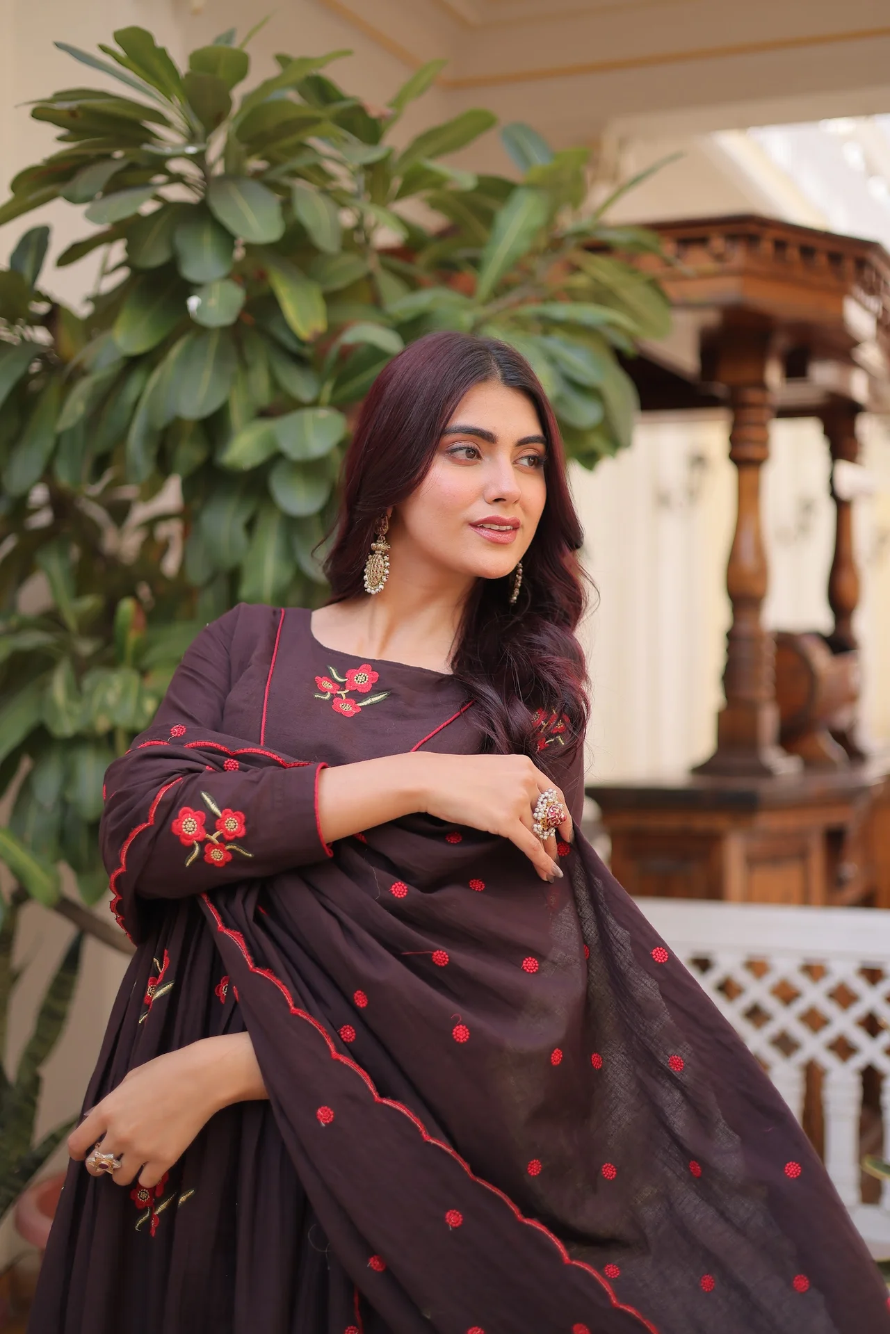 Women's Cotton Embroidered Kurta Set with Pant & Dupatta in Coffee Brown — photo 4 of 7