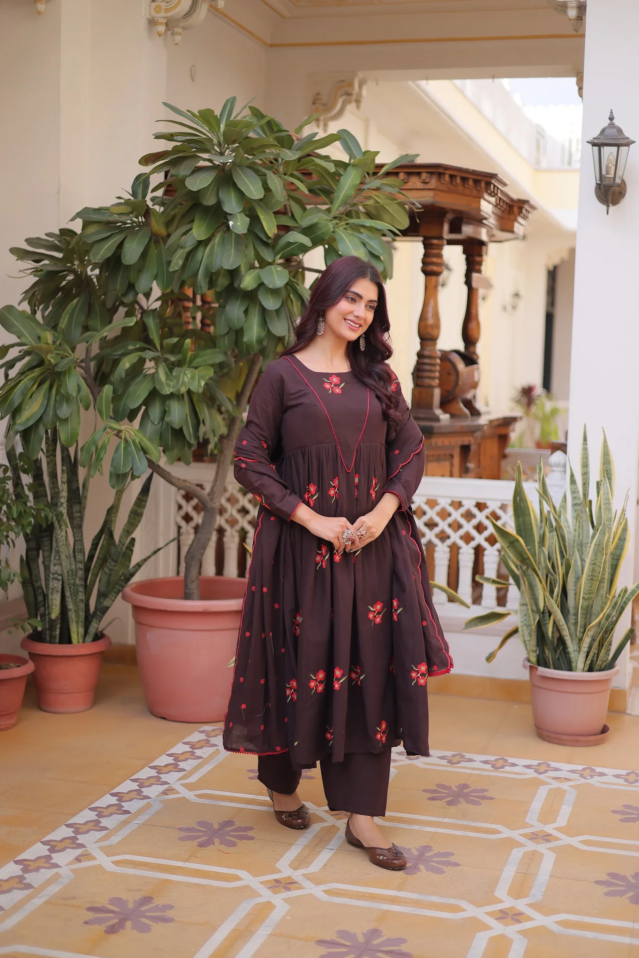 Women's Cotton Embroidered Kurta Set with Pant & Dupatta in Coffee Brown — photo 5 of 7