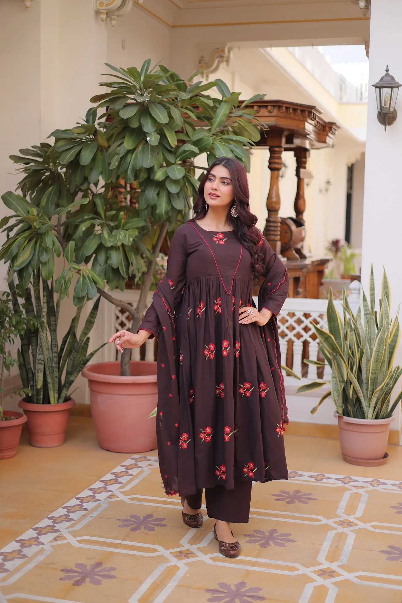 Women's Cotton Embroidered Kurta Set with Pant & Dupatta in Coffee Brown — photo 6 of 7