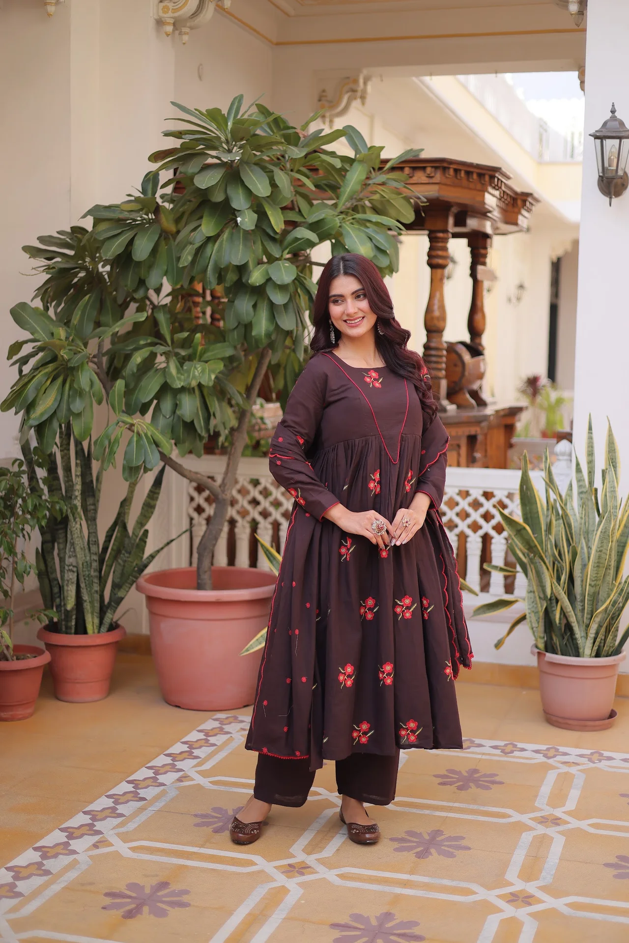 Women's Cotton Embroidered Kurta Set with Pant & Dupatta in Coffee Brown — photo 7 of 7