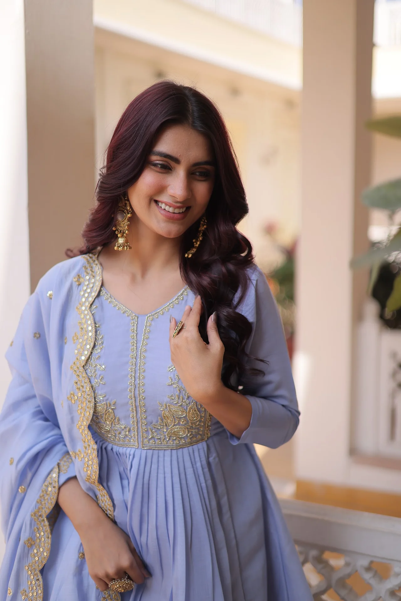 Women's Mal Chanderi Gown Set with Pant & Dupatta in Powder Blue — photo 2 of 6