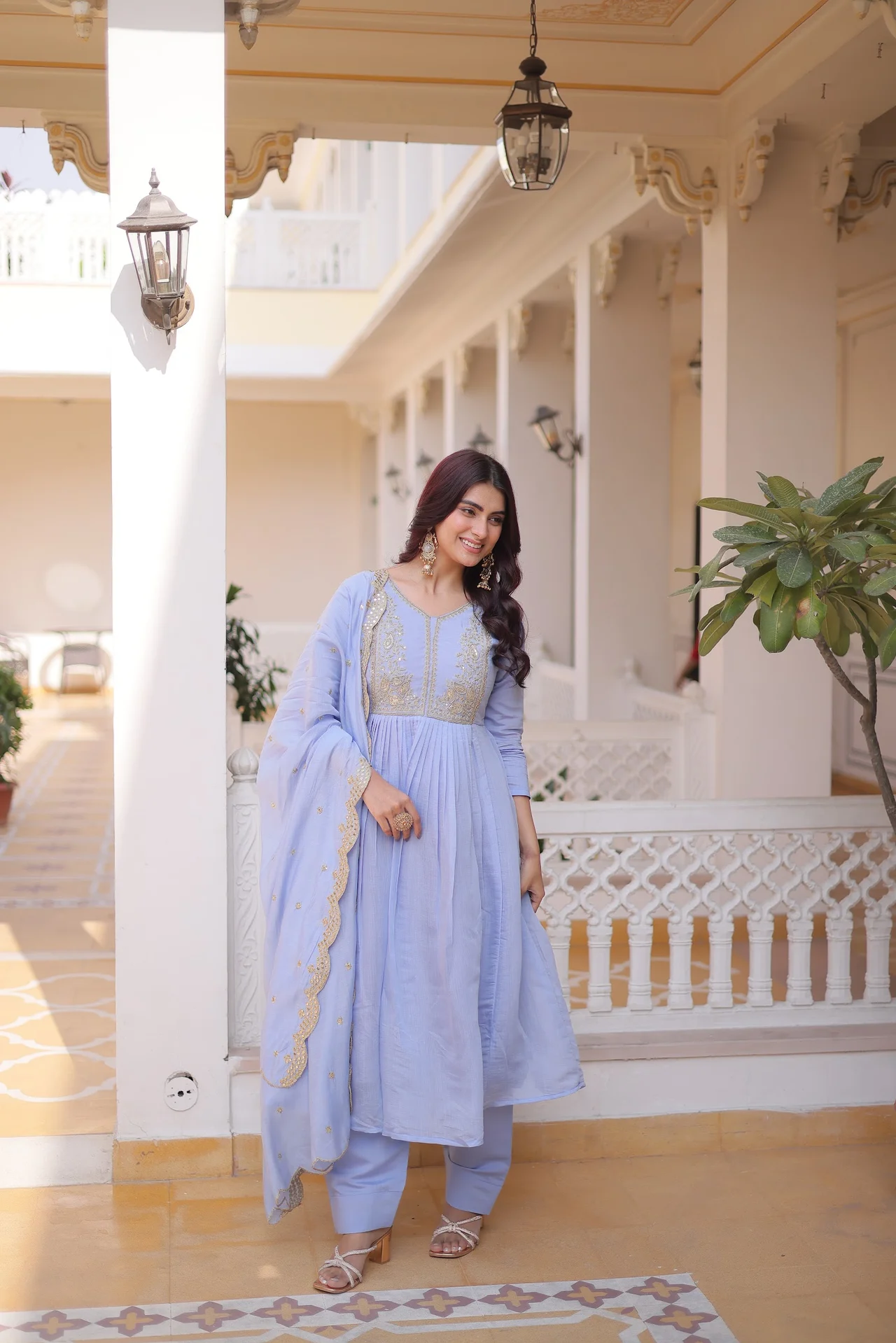 Women's Mal Chanderi Gown Set with Pant & Dupatta in Powder Blue — photo 3 of 6