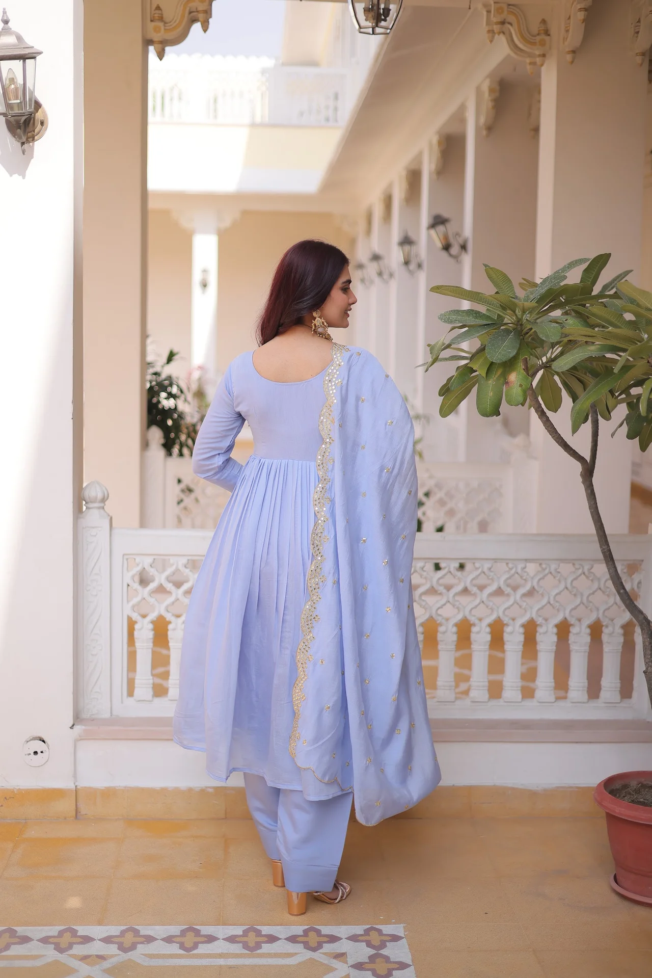 Women's Mal Chanderi Gown Set with Pant & Dupatta in Powder Blue — photo 4 of 6