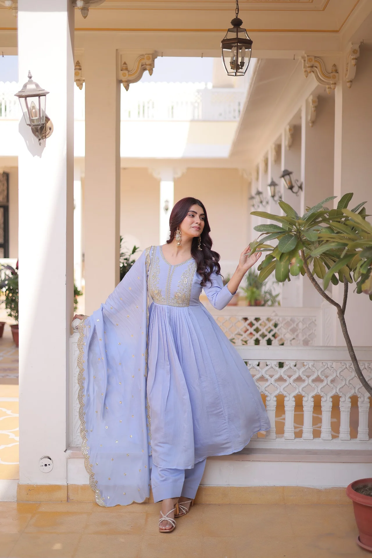 Women's Mal Chanderi Gown Set with Pant & Dupatta in Powder Blue — photo 5 of 6