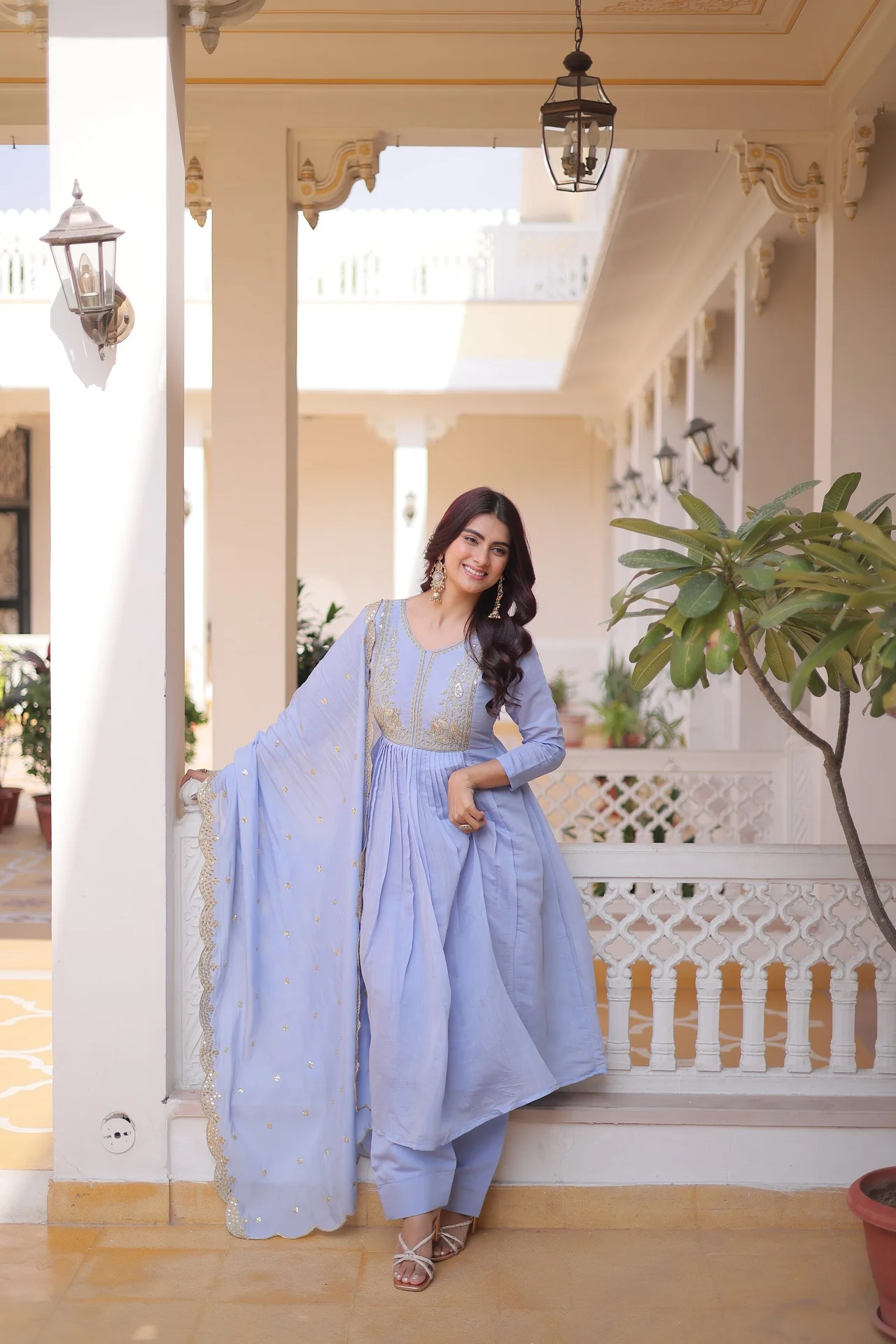 Women's Mal Chanderi Gown Set with Pant & Dupatta in Powder Blue — photo 6 of 6