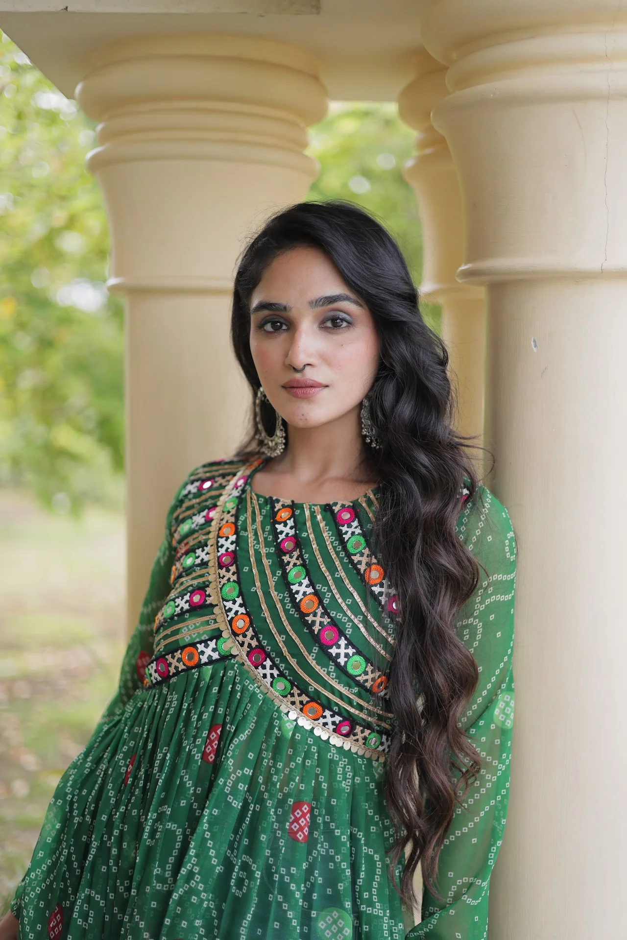 Women's Faux Georgette Bandhani Print Kurti with Kutchi Patchwork in Green — photo 2 of 7