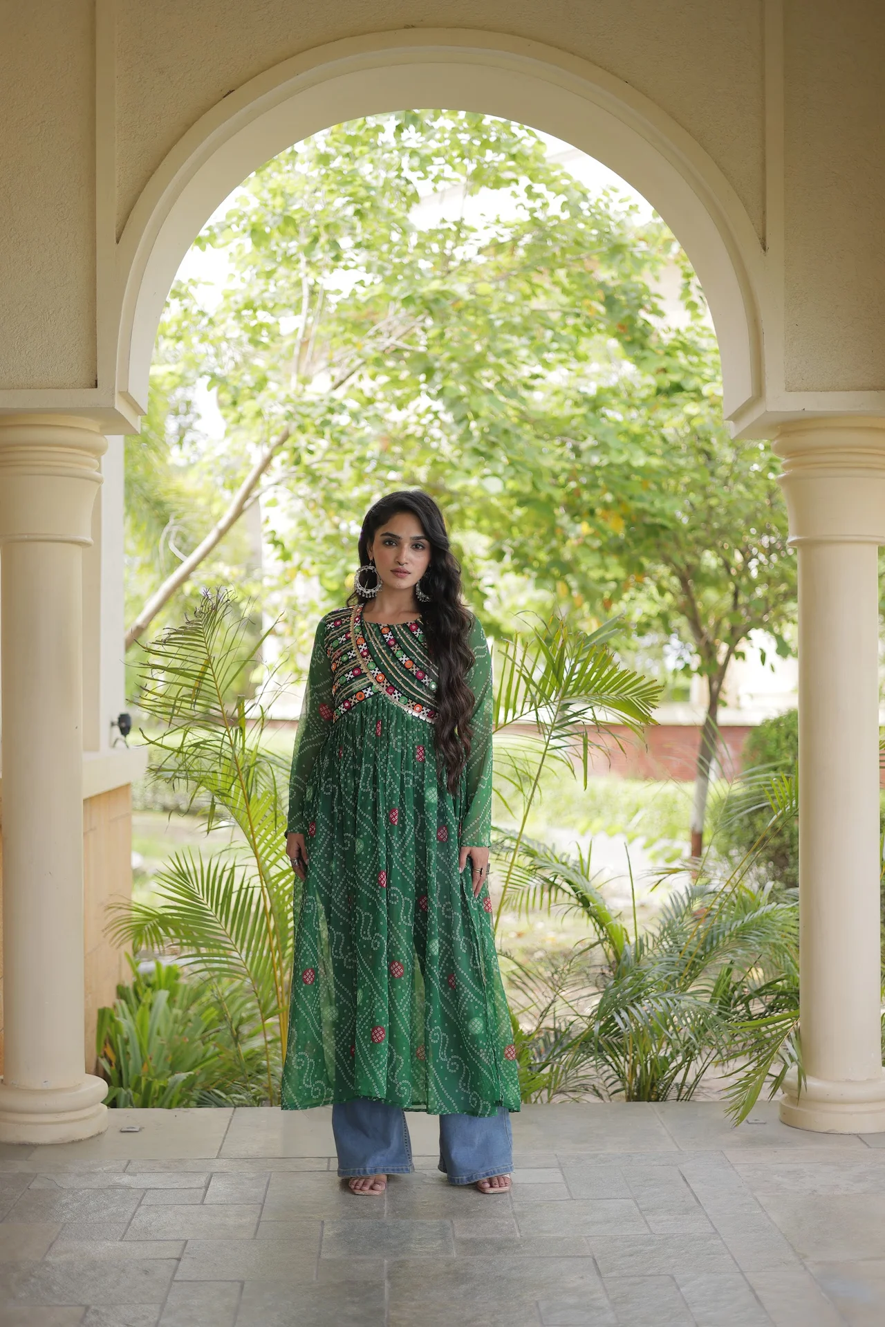 Women's Faux Georgette Bandhani Print Kurti with Kutchi Patchwork in Green — photo 3 of 7