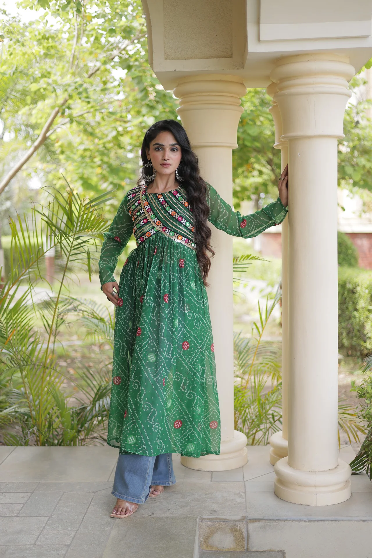 Women's Faux Georgette Bandhani Print Kurti with Kutchi Patchwork in Green — photo 4 of 7