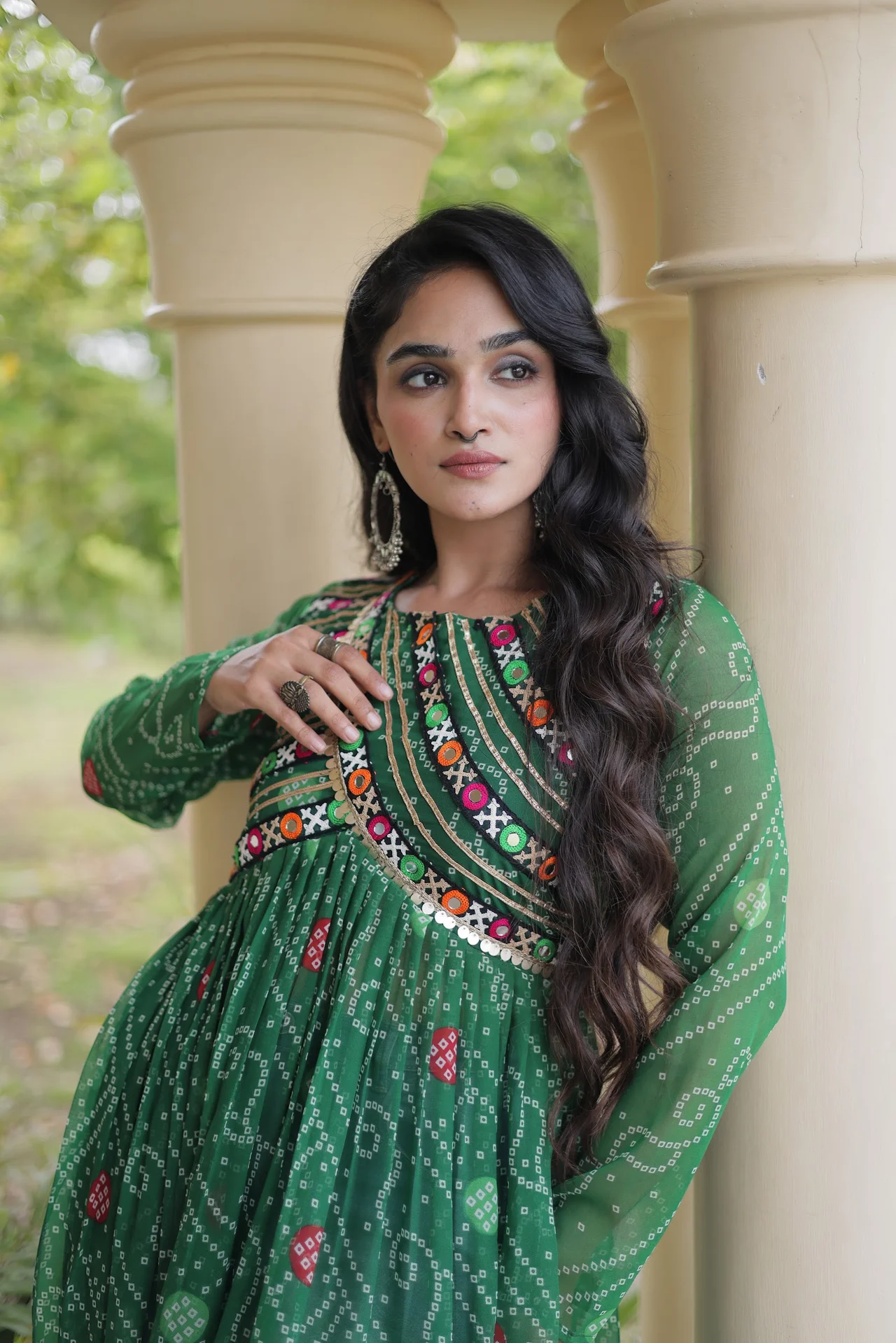 Women's Faux Georgette Bandhani Print Kurti with Kutchi Patchwork in Green — photo 5 of 7
