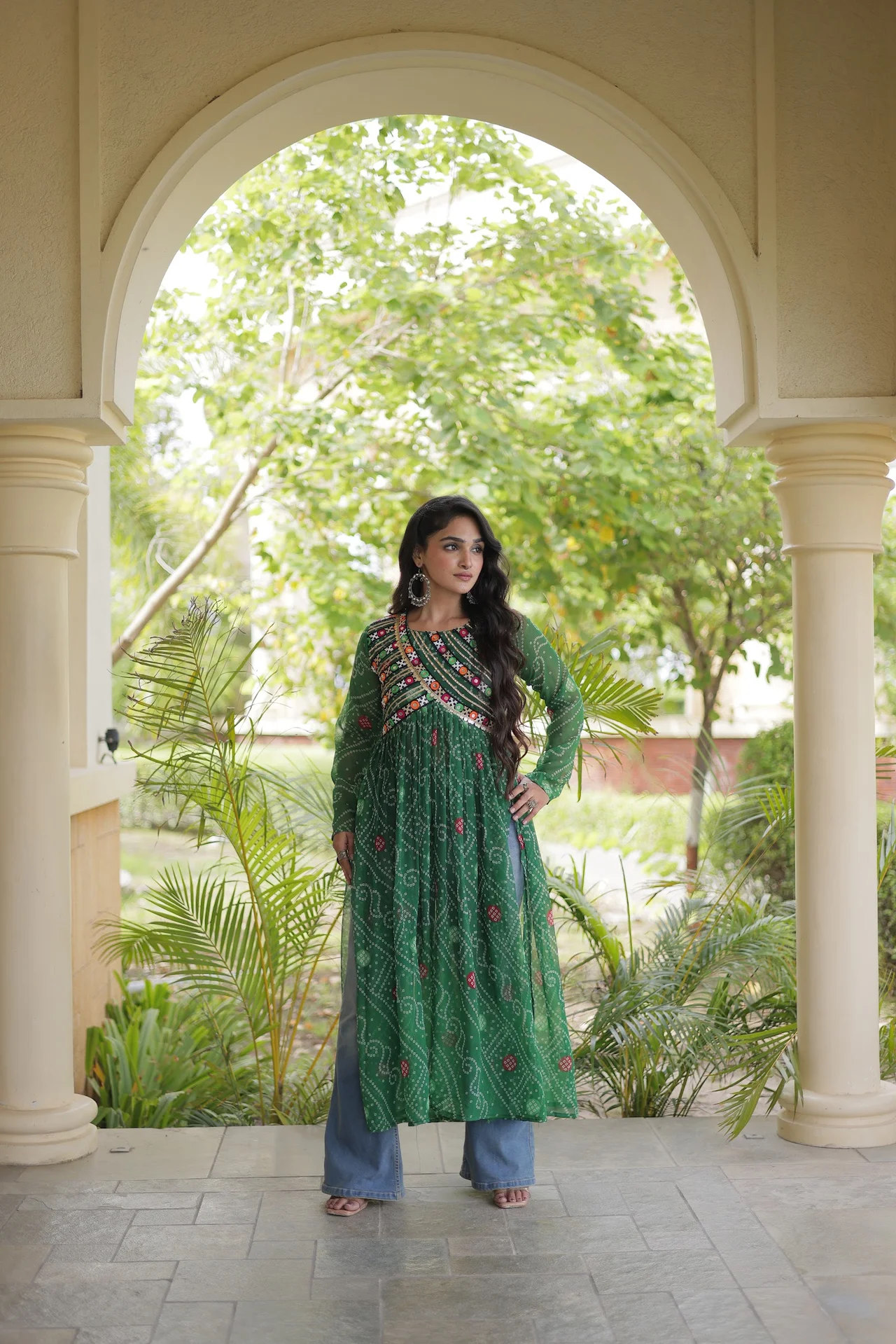 Women's Faux Georgette Bandhani Print Kurti with Kutchi Patchwork in Green — photo 6 of 7