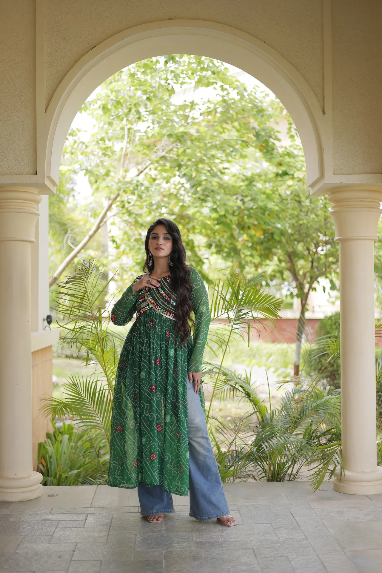 Women's Faux Georgette Bandhani Print Kurti with Kutchi Patchwork in Green — photo 7 of 7
