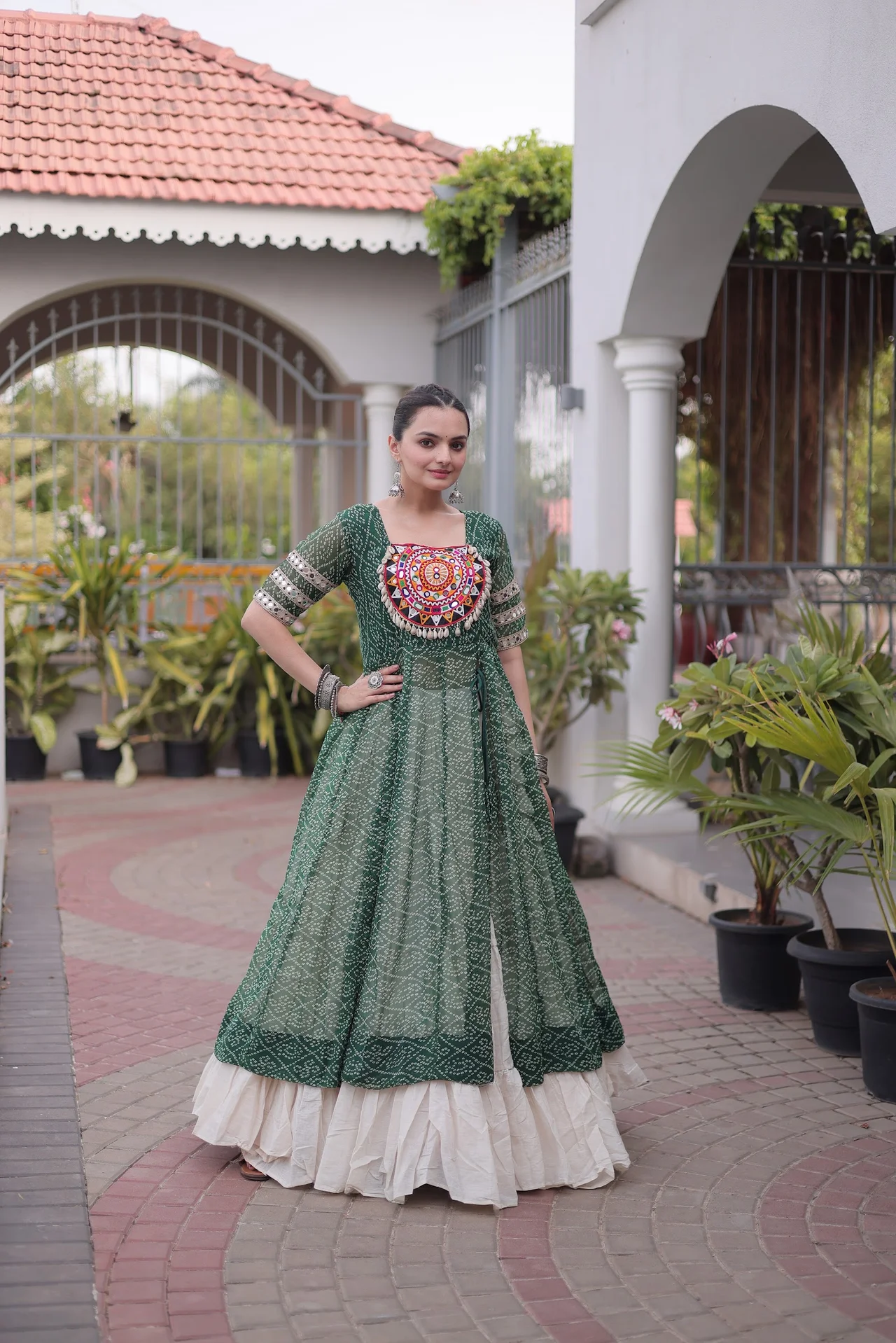Women's Kora Cotton Lehenga Choli with Faux Georgette Kurti in Mehendi Green — photo 2 of 5