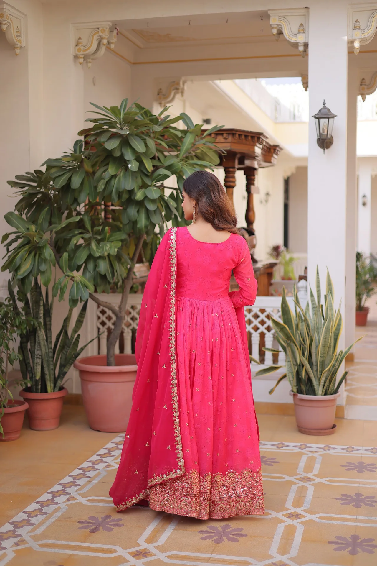 Women's Russian Silk Anarkali Gown with Dupatta in Rani Pink — photo 2 of 6