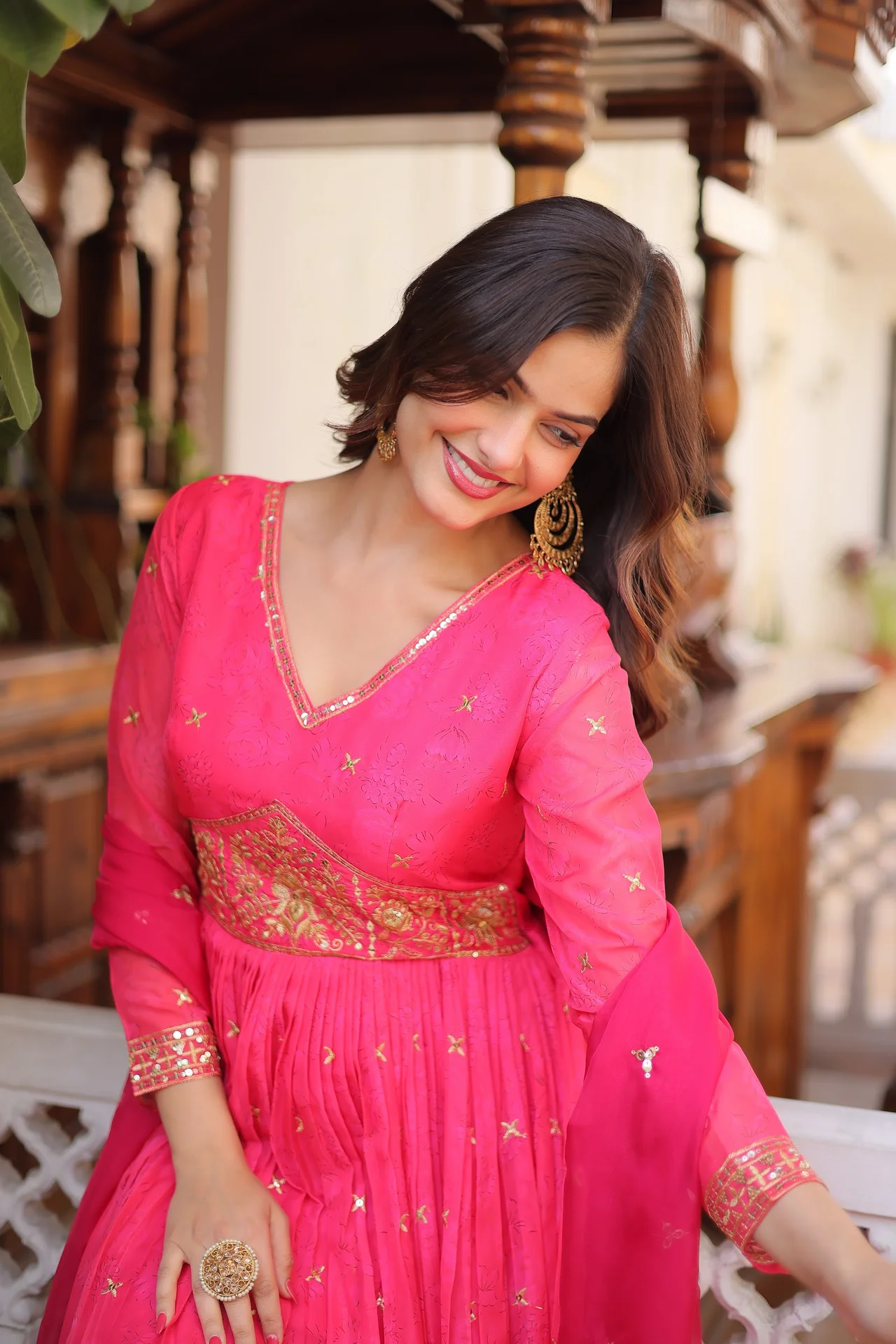 Women's Russian Silk Anarkali Gown with Dupatta in Rani Pink — photo 3 of 6