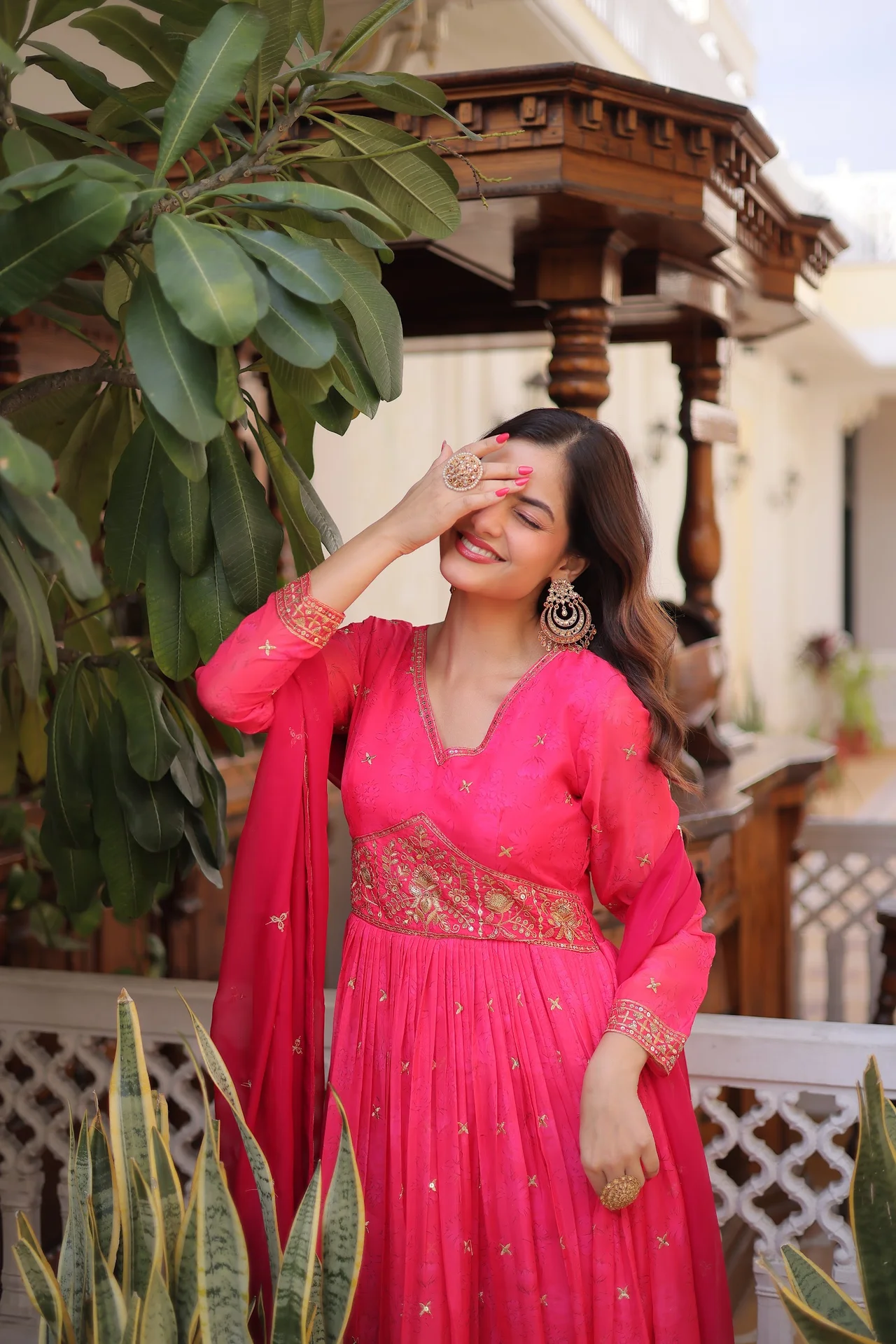 Women's Russian Silk Anarkali Gown with Dupatta in Rani Pink — photo 4 of 6