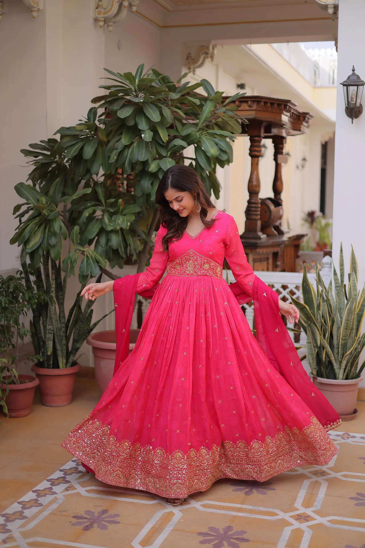 Women's Russian Silk Anarkali Gown with Dupatta in Rani Pink — photo 5 of 6