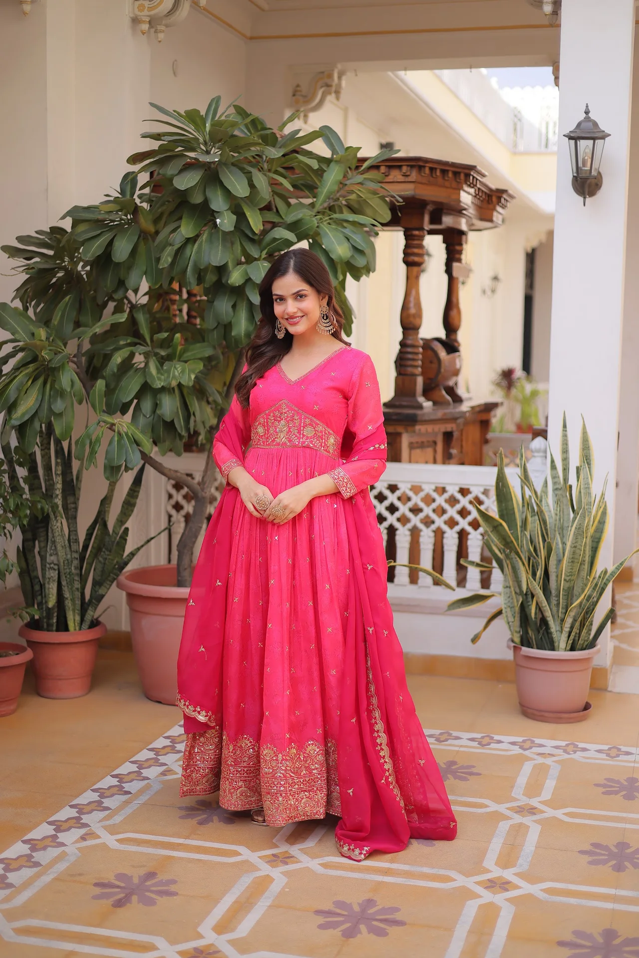 Women's Russian Silk Anarkali Gown with Dupatta in Rani Pink — photo 6 of 6