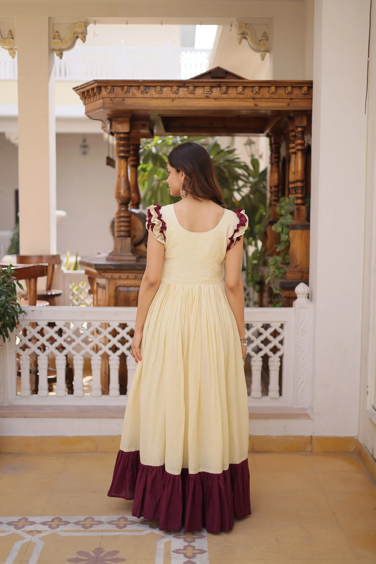 Women's Cotton Embroidered Gown with Sequins Beads Thread Work in Cream — photo 2 of 6