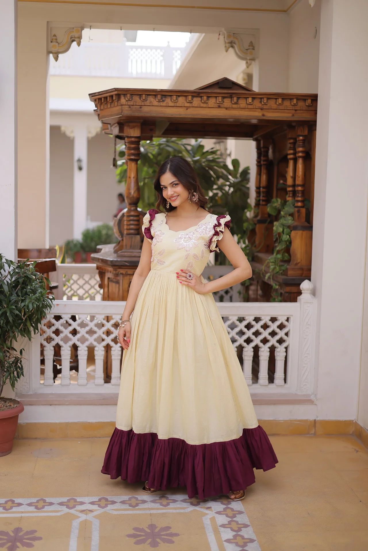 Women's Cotton Embroidered Gown with Sequins Beads Thread Work in Cream — photo 4 of 6