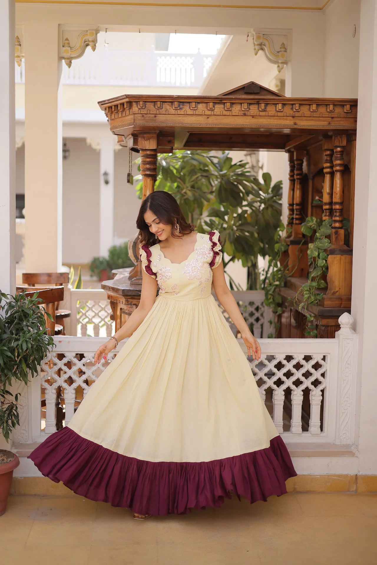 Women's Cotton Embroidered Gown with Sequins Beads Thread Work in Cream — photo 6 of 6