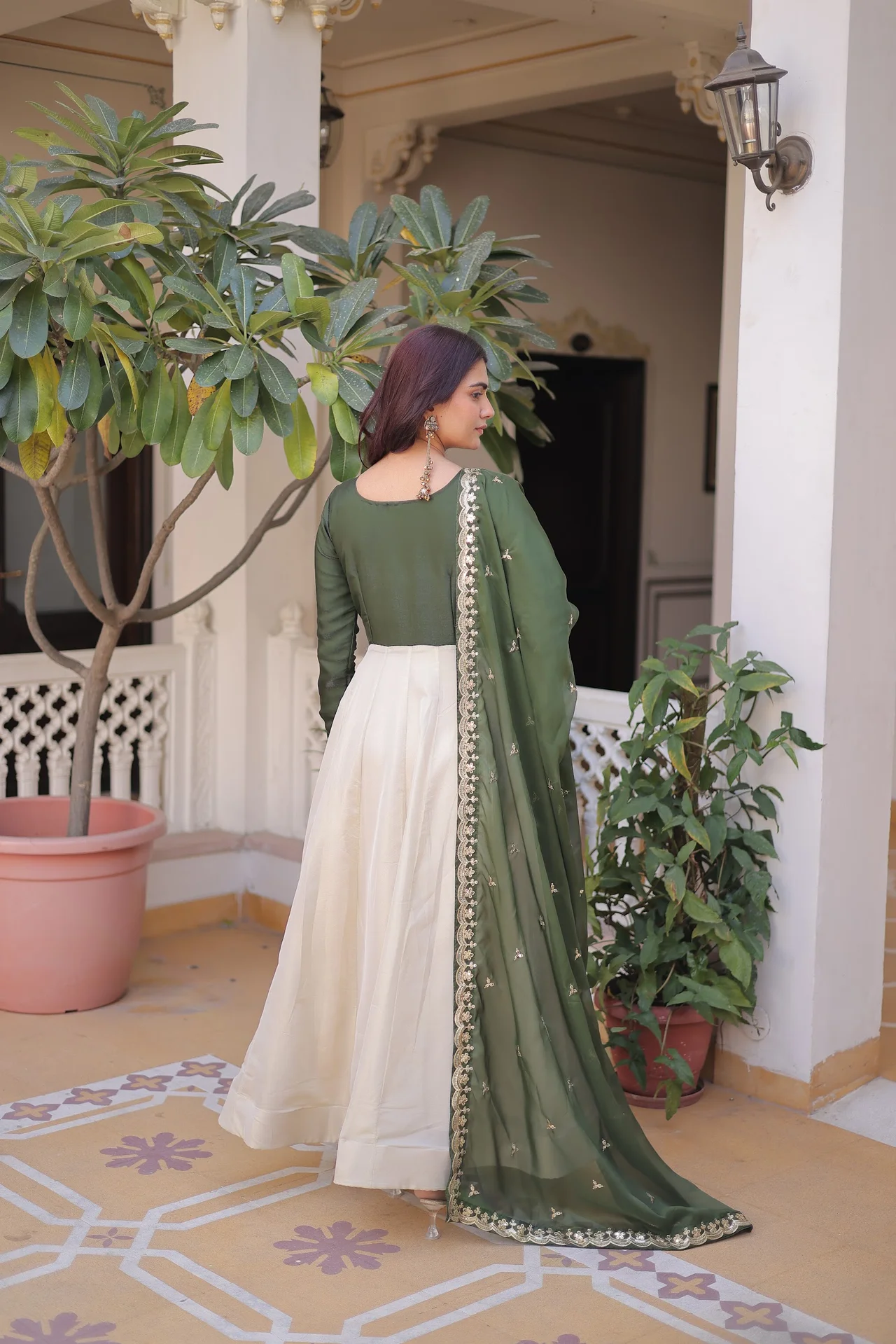 Women's Glass Roman Sequins Embroidered Gown with Dupatta in Bottle Green — photo 2 of 5