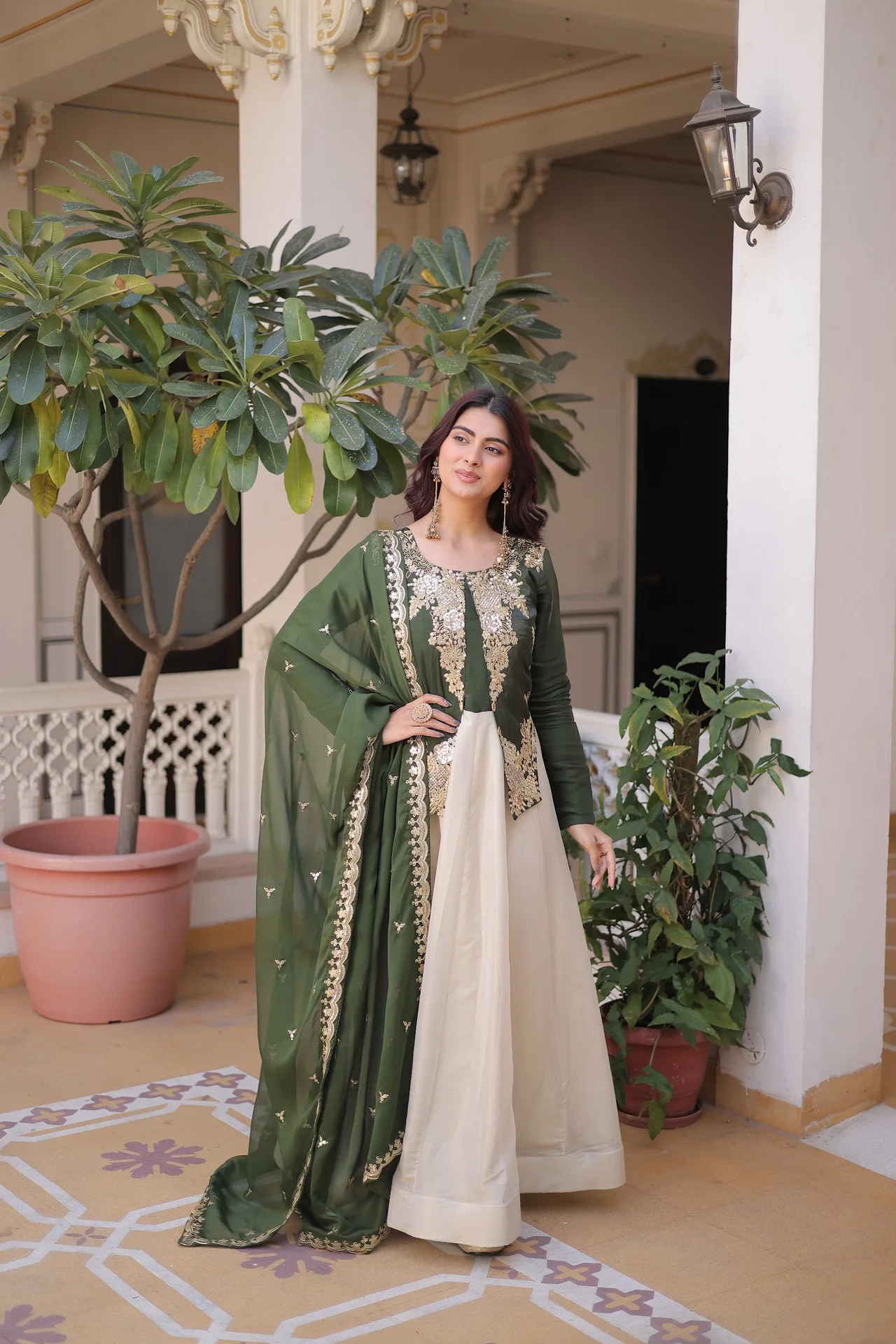 Women's Glass Roman Sequins Embroidered Gown with Dupatta in Bottle Green — photo 3 of 5