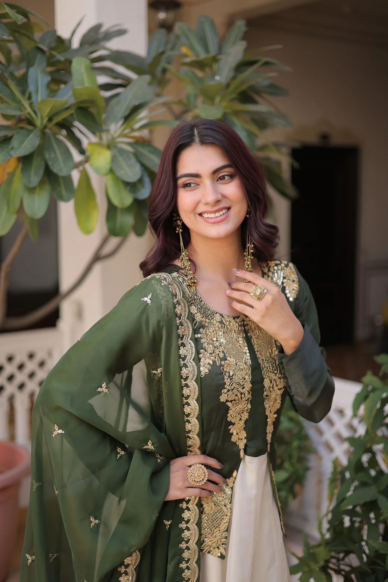 Women's Glass Roman Sequins Embroidered Gown with Dupatta in Bottle Green — photo 4 of 5