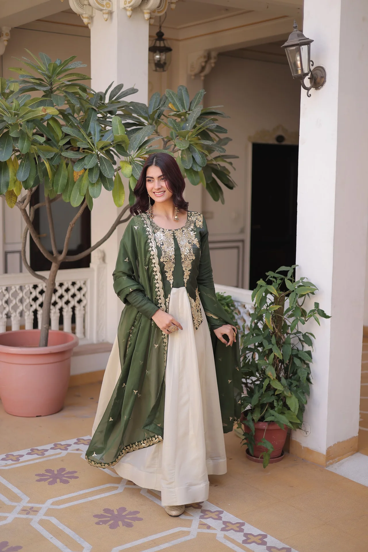 Women's Glass Roman Sequins Embroidered Gown with Dupatta in Bottle Green — photo 5 of 5