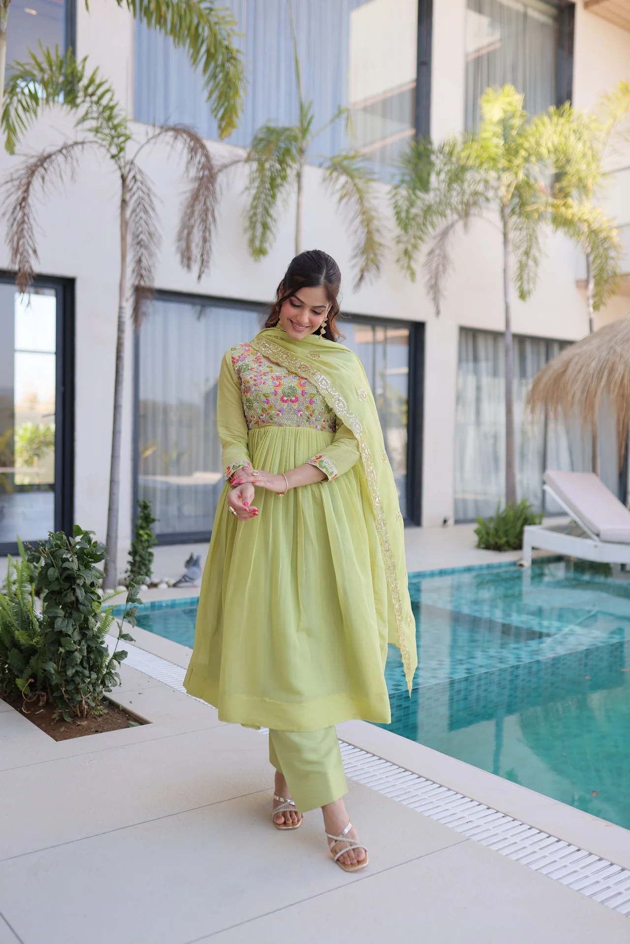 Women's Mal Chanderi Anarkali Gown Set with Pant & Dupatta in Pista Green — photo 2 of 6