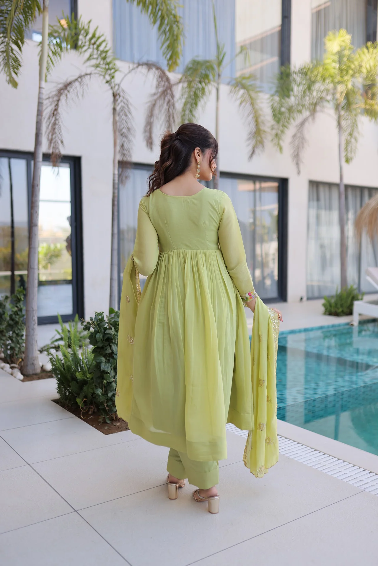 Women's Mal Chanderi Anarkali Gown Set with Pant & Dupatta in Pista Green — photo 3 of 6