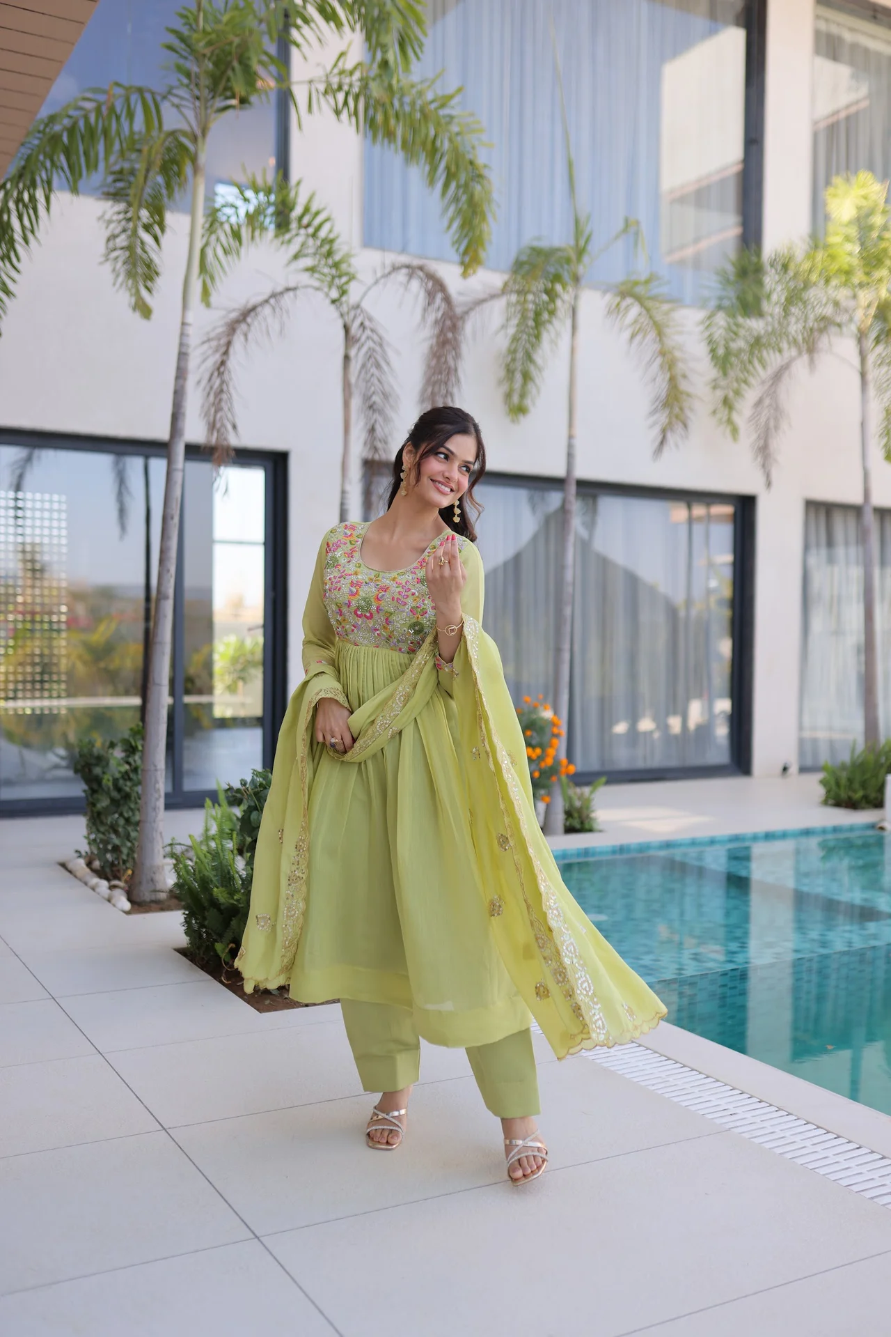 Women's Mal Chanderi Anarkali Gown Set with Pant & Dupatta in Pista Green — photo 4 of 6