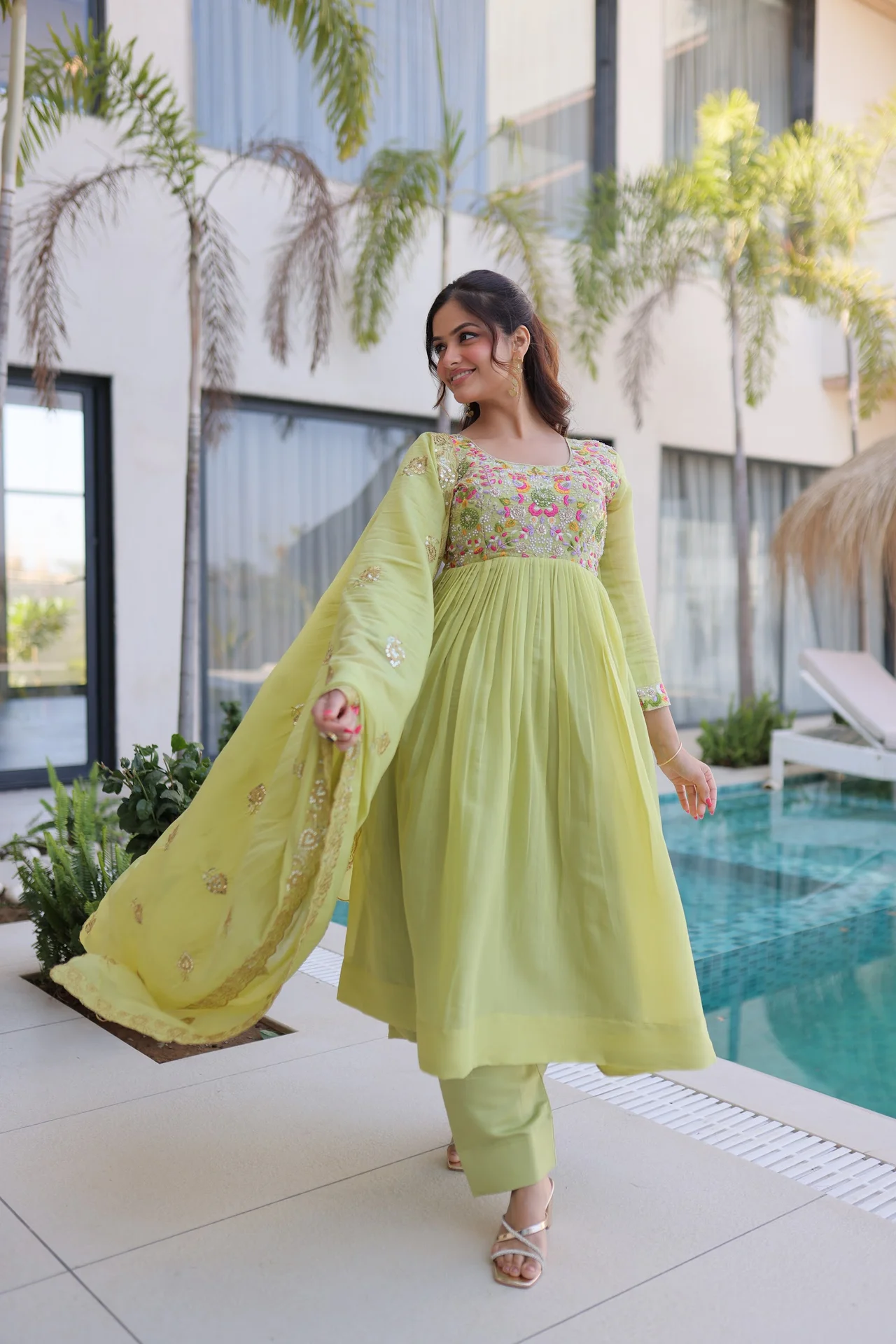 Women's Mal Chanderi Anarkali Gown Set with Pant & Dupatta in Pista Green — photo 5 of 6