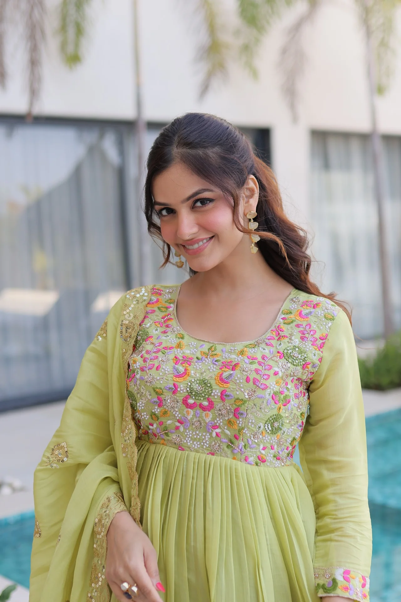 Women's Mal Chanderi Anarkali Gown Set with Pant & Dupatta in Pista Green — photo 6 of 6