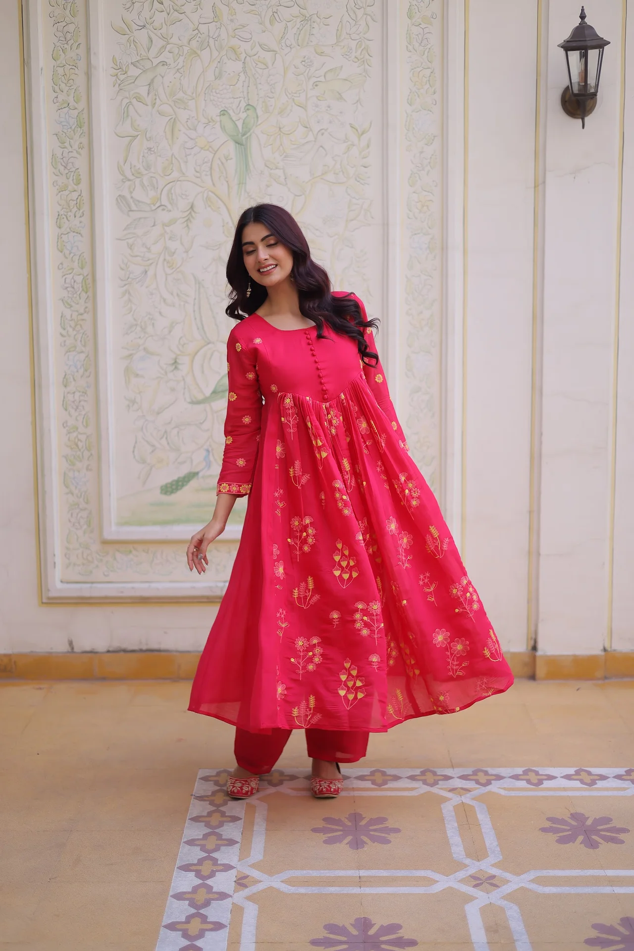 Women's Mal Chanderi Kurta Set with Pant in Rani Pink — photo 6 of 6