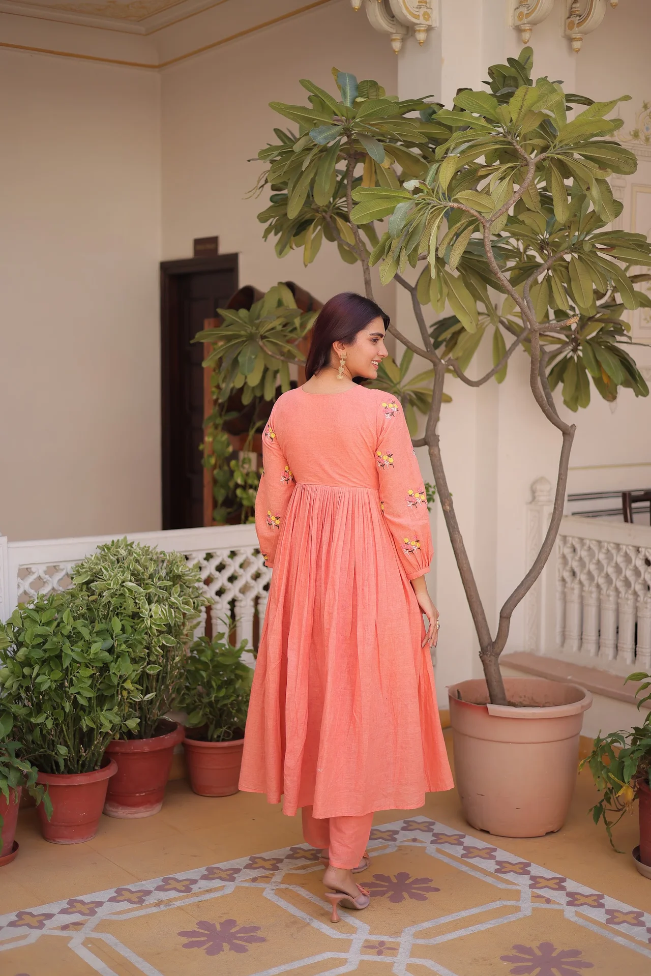 Women's Cotton Embroidered Kurta Set with Pant in Peach — photo 3 of 5