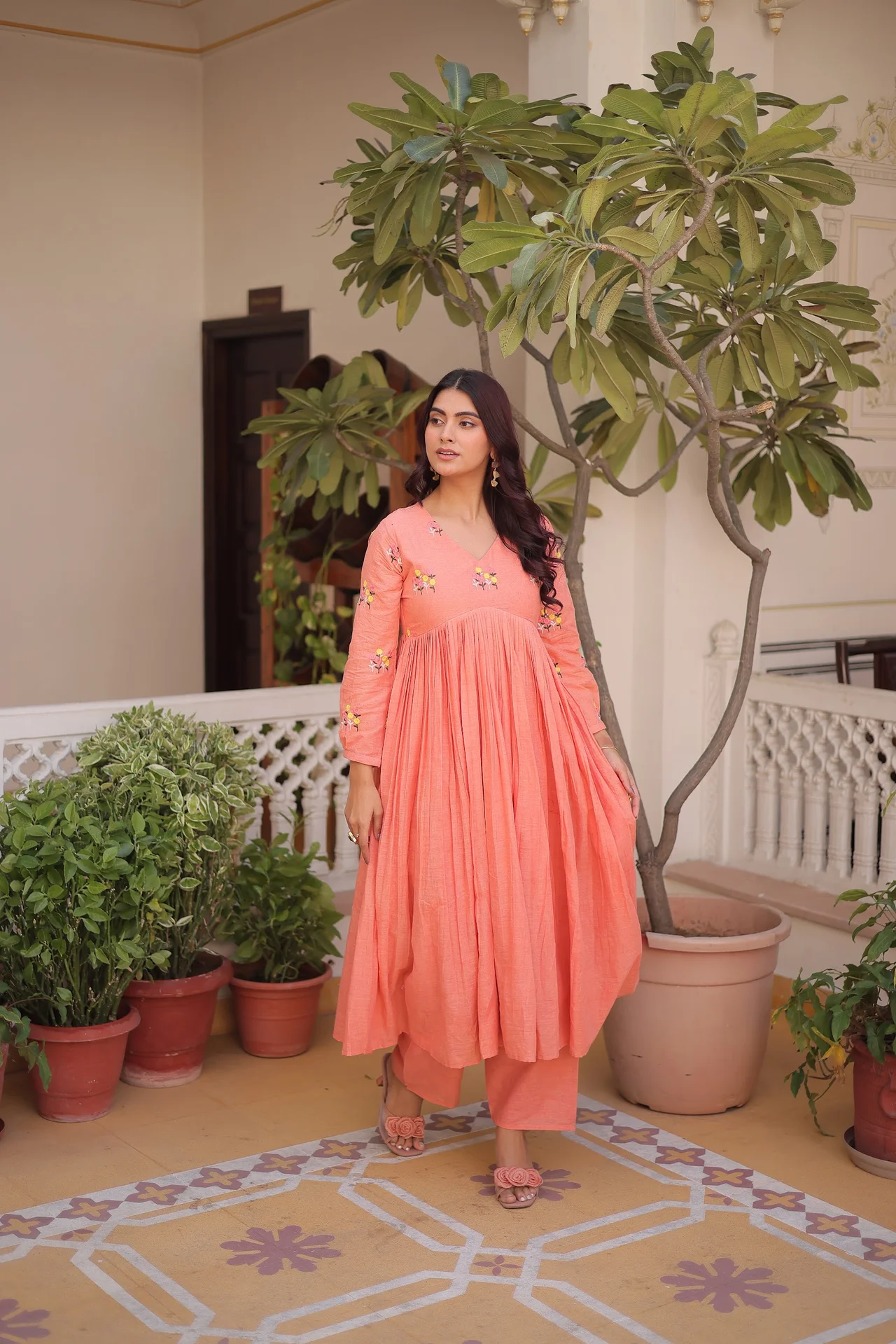 Women's Cotton Embroidered Kurta Set with Pant in Peach — photo 5 of 5
