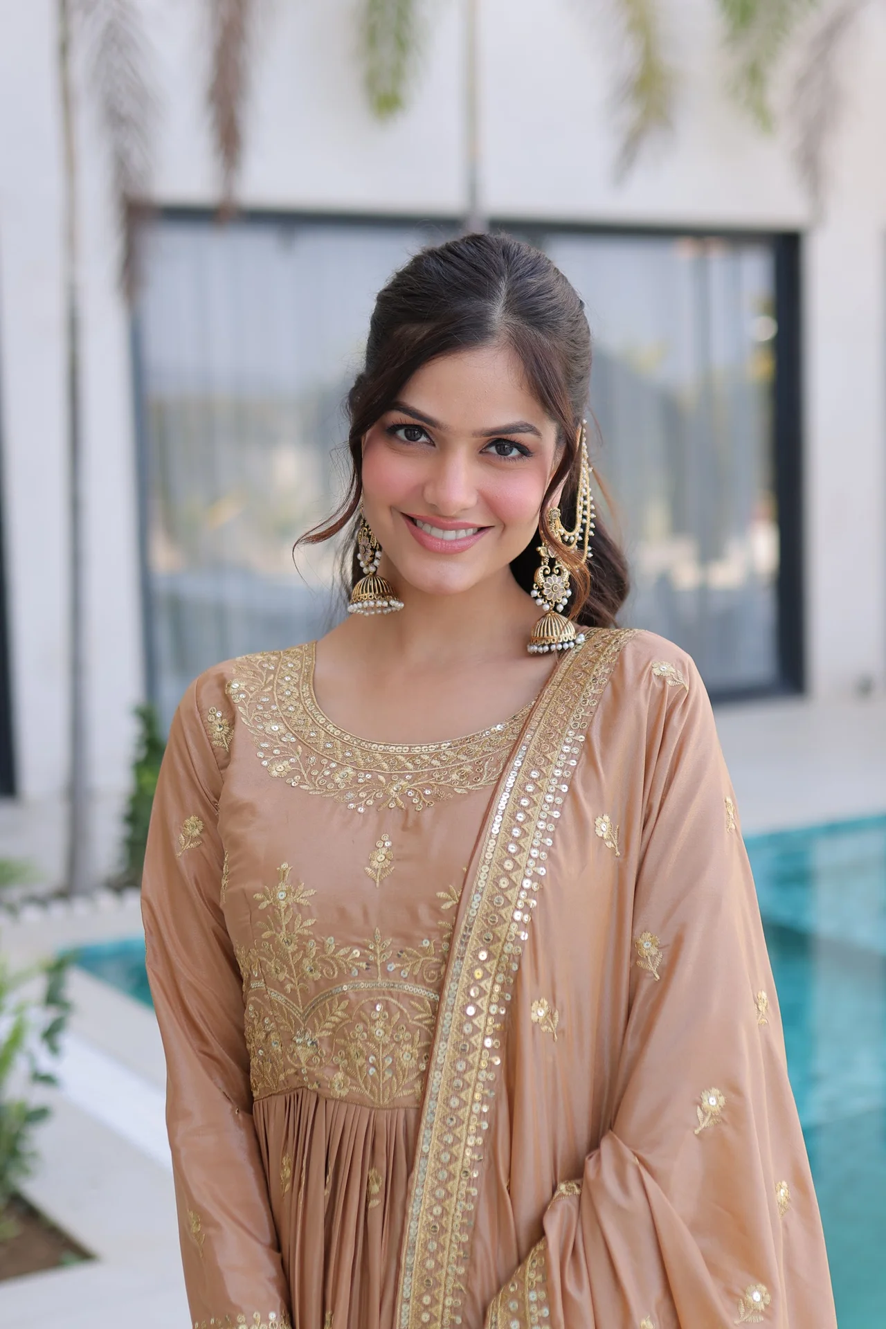 Women's Super Silk Sharara Set with Embroidered Kurta, Sharara & Dupatta in Beige — photo 2 of 6