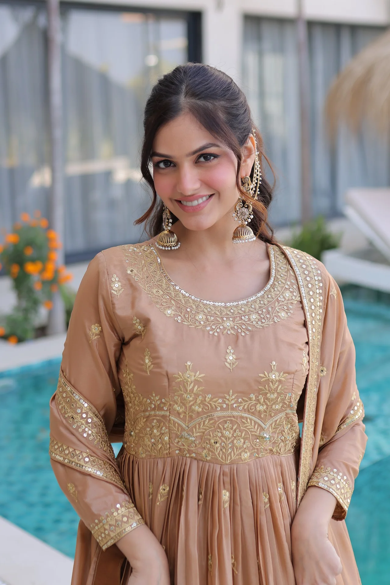 Women's Super Silk Sharara Set with Embroidered Kurta, Sharara & Dupatta in Beige — photo 3 of 6