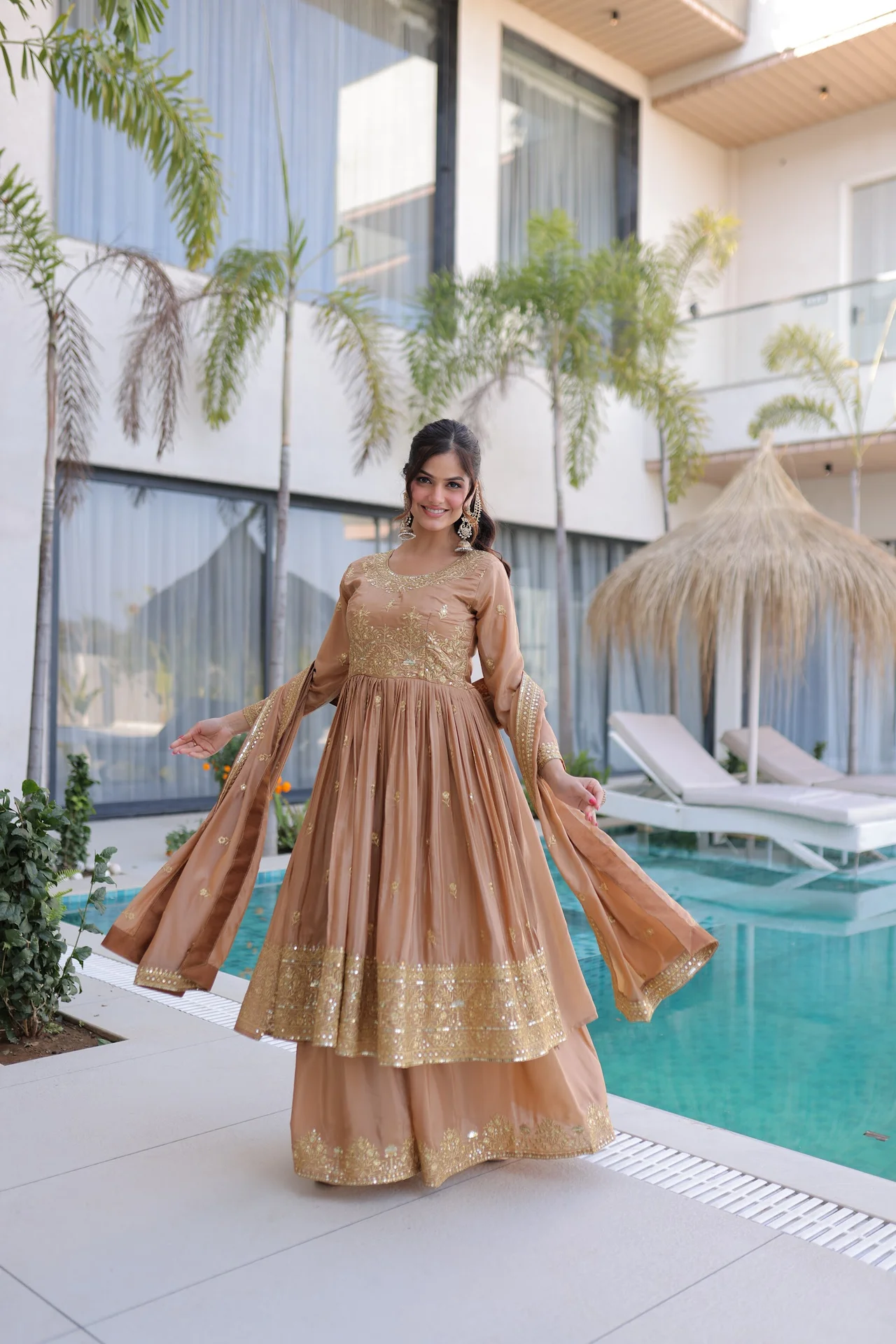 Women's Super Silk Sharara Set with Embroidered Kurta, Sharara & Dupatta in Beige — photo 4 of 6