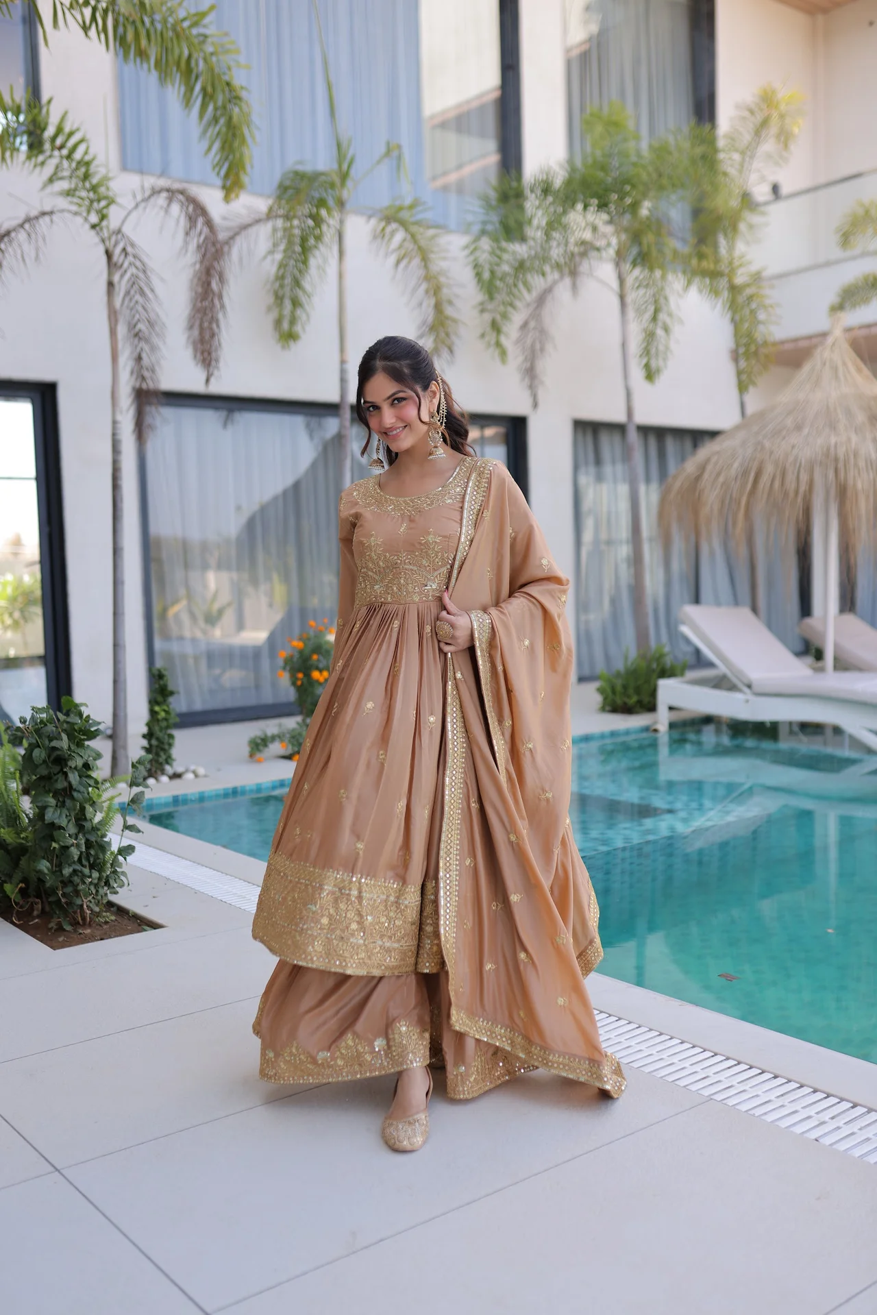 Women's Super Silk Sharara Set with Embroidered Kurta, Sharara & Dupatta in Beige — photo 5 of 6