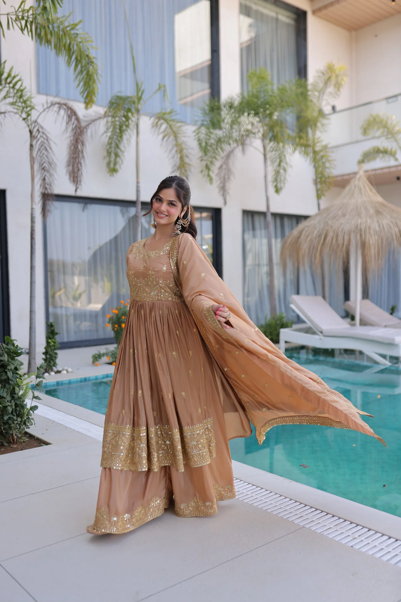 Women's Super Silk Sharara Set with Embroidered Kurta, Sharara & Dupatta in Beige — photo 6 of 6