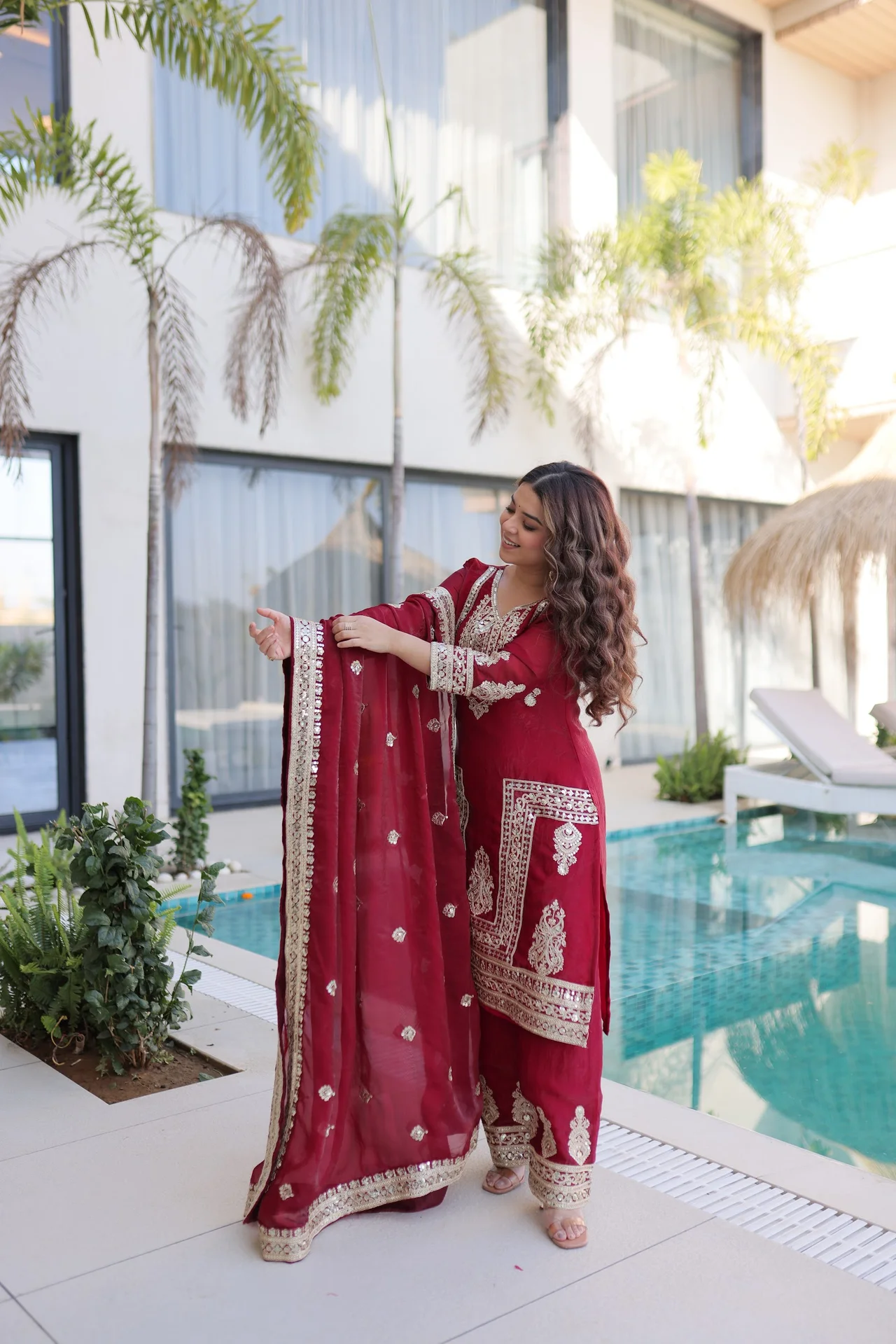 Women's Fendi Silk Embroidered Kurta Set with Pant & Dupatta in Maroon — photo 2 of 7