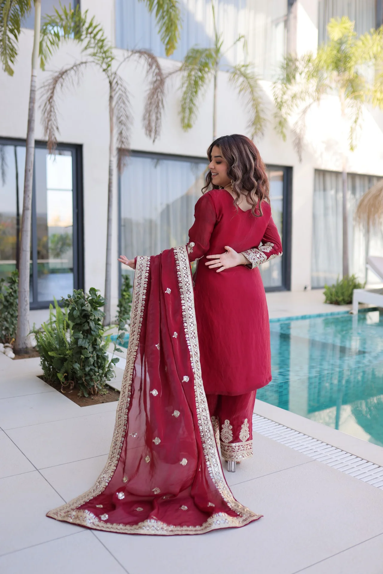 Women's Fendi Silk Embroidered Kurta Set with Pant & Dupatta in Maroon — photo 3 of 7