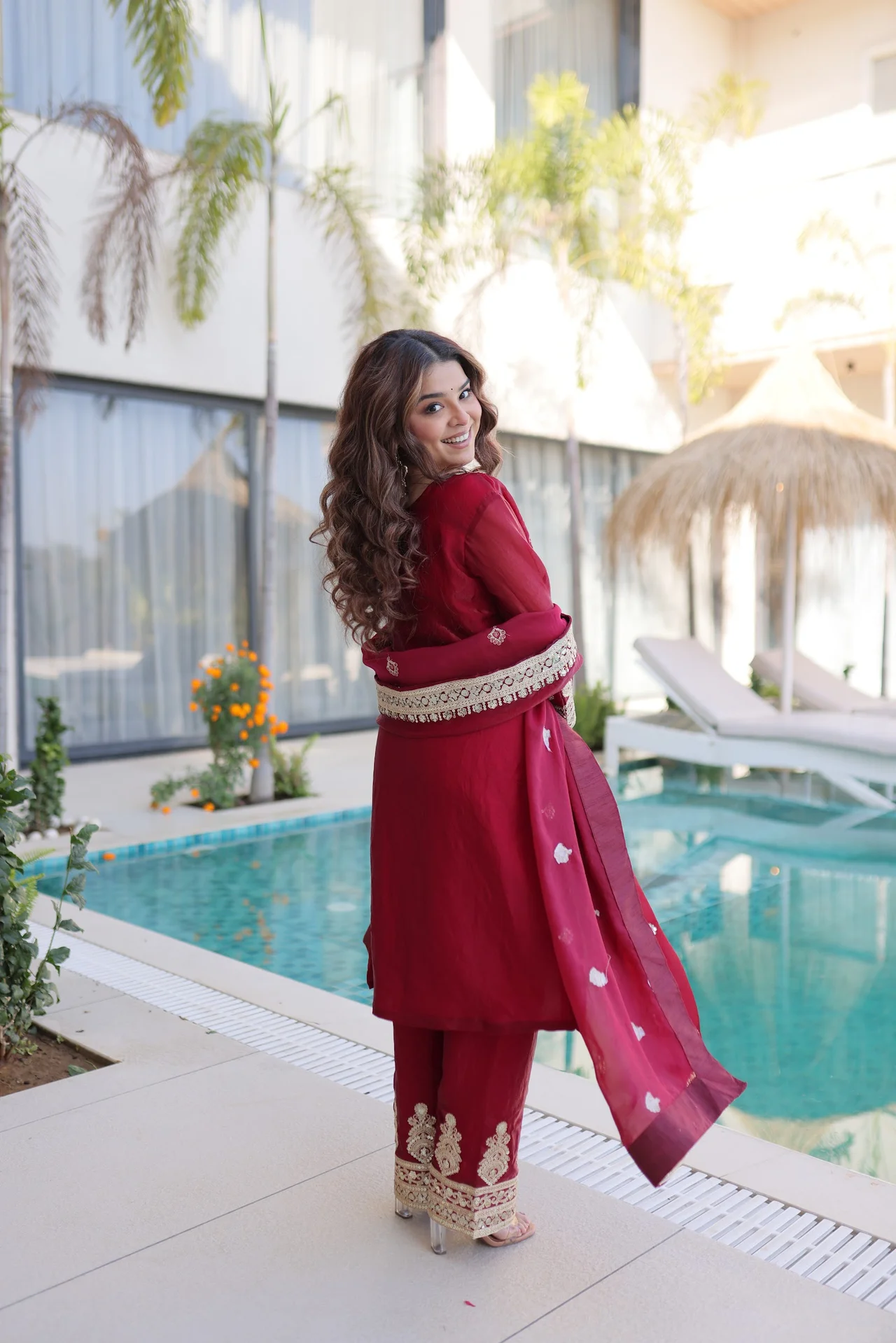 Women's Fendi Silk Embroidered Kurta Set with Pant & Dupatta in Maroon — photo 4 of 7